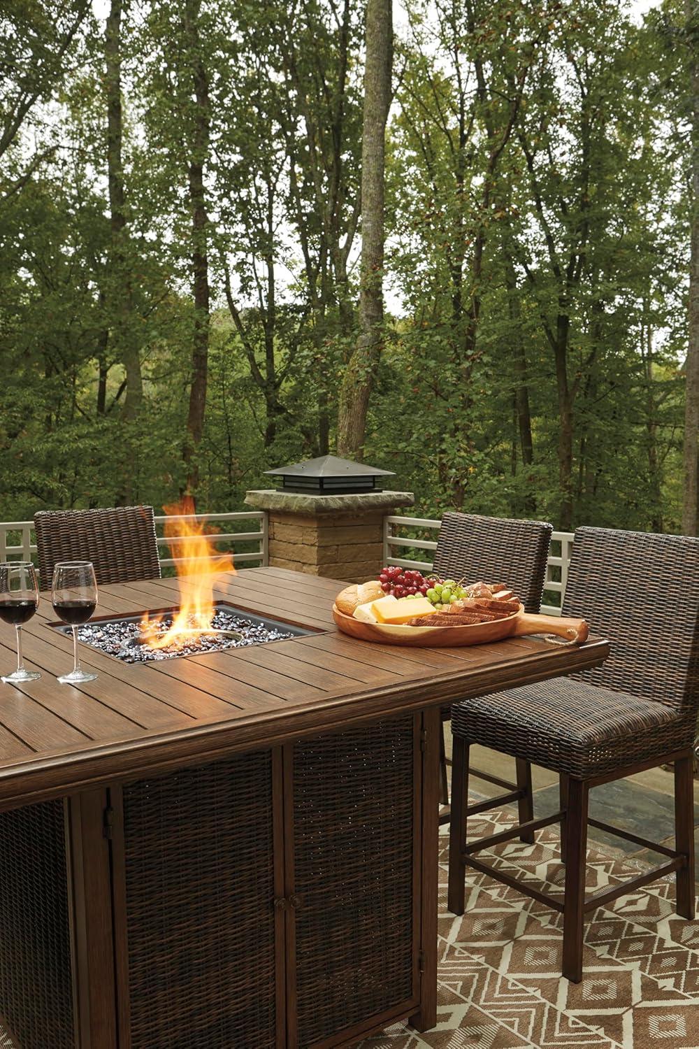 imageSignature Design by Ashley Walton Bridge Casual Outdoor Bar Table with Fire Pit and Storage Light BrownDark Brown