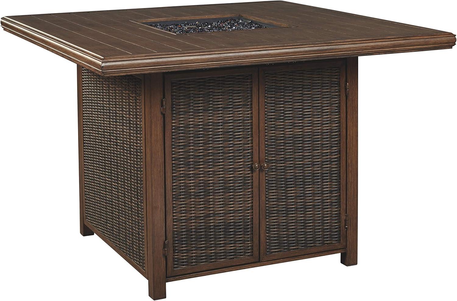 imageSignature Design by Ashley Walton Bridge Casual Outdoor Bar Table with Fire Pit and Storage Light BrownDark Brown