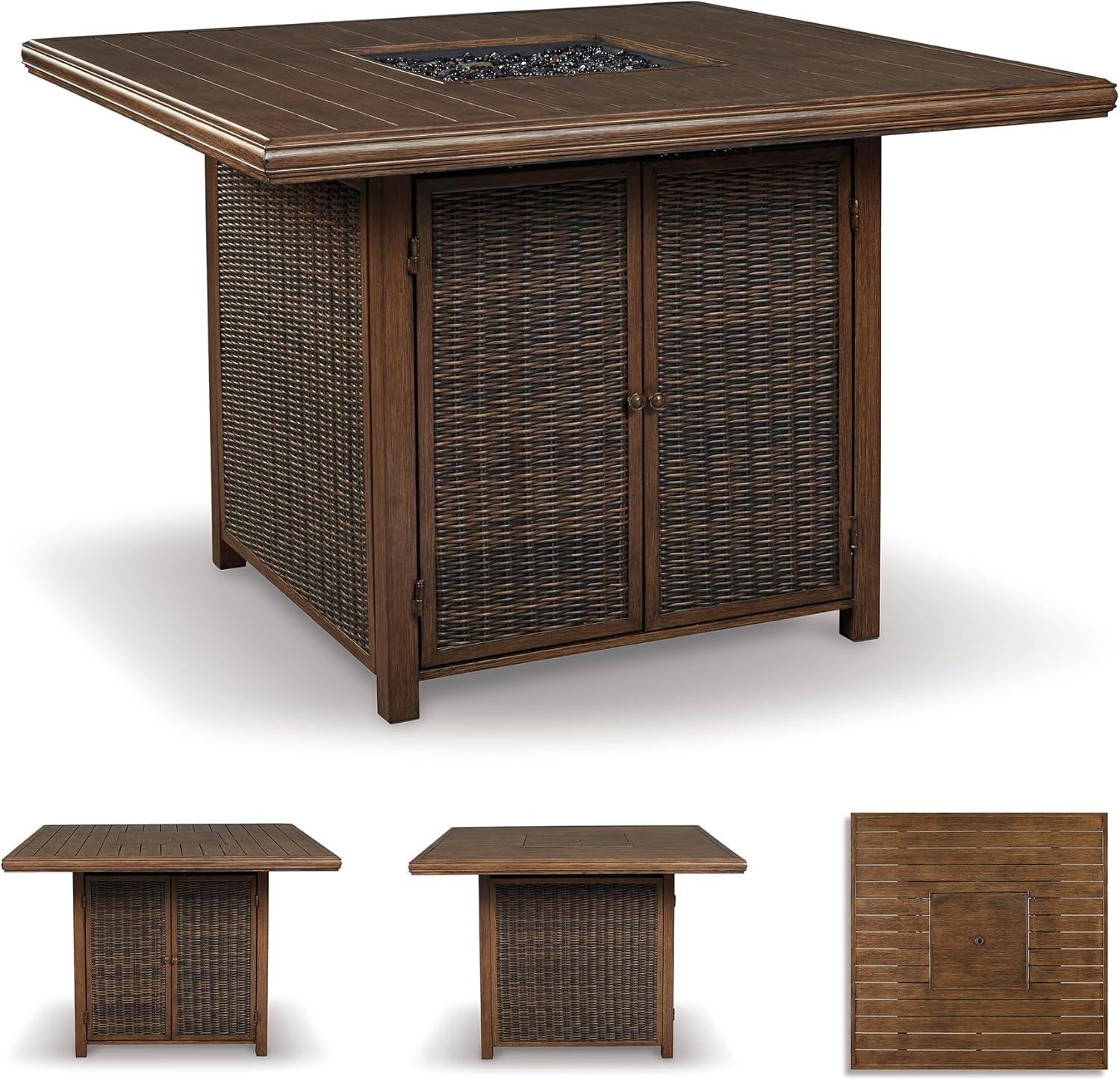 imageSignature Design by Ashley Walton Bridge Casual Outdoor Bar Table with Fire Pit and Storage Light BrownDark Brown