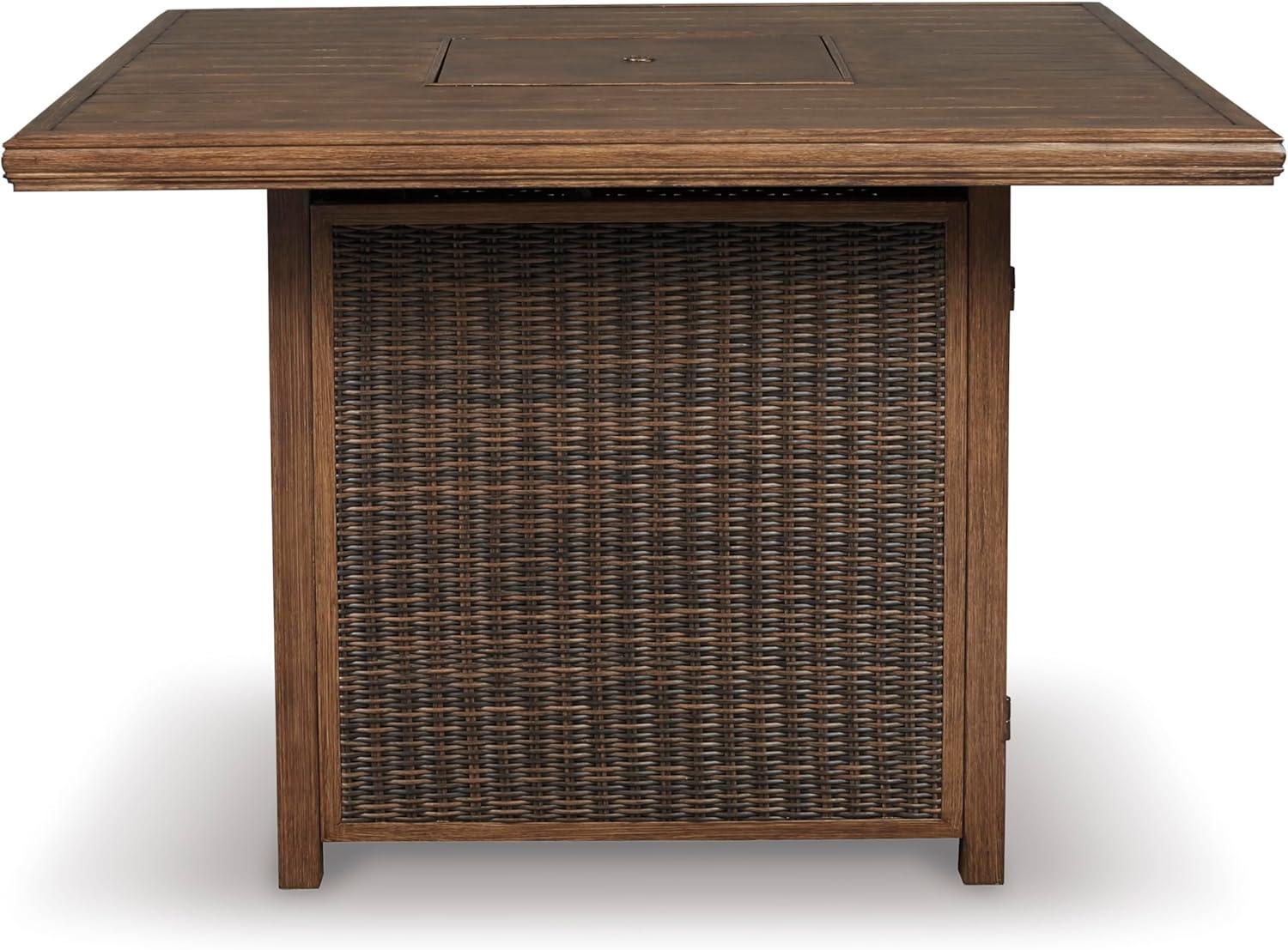 imageSignature Design by Ashley Walton Bridge Casual Outdoor Bar Table with Fire Pit and Storage Light BrownDark Brown