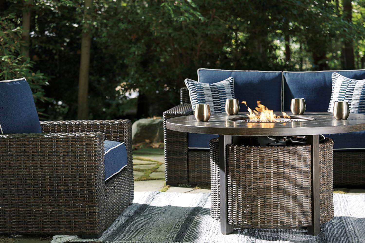 imageSignature Design by Ashley Walton Bridge Casual Outdoor Bar Table with Fire Pit and Storage Light BrownDark Brown