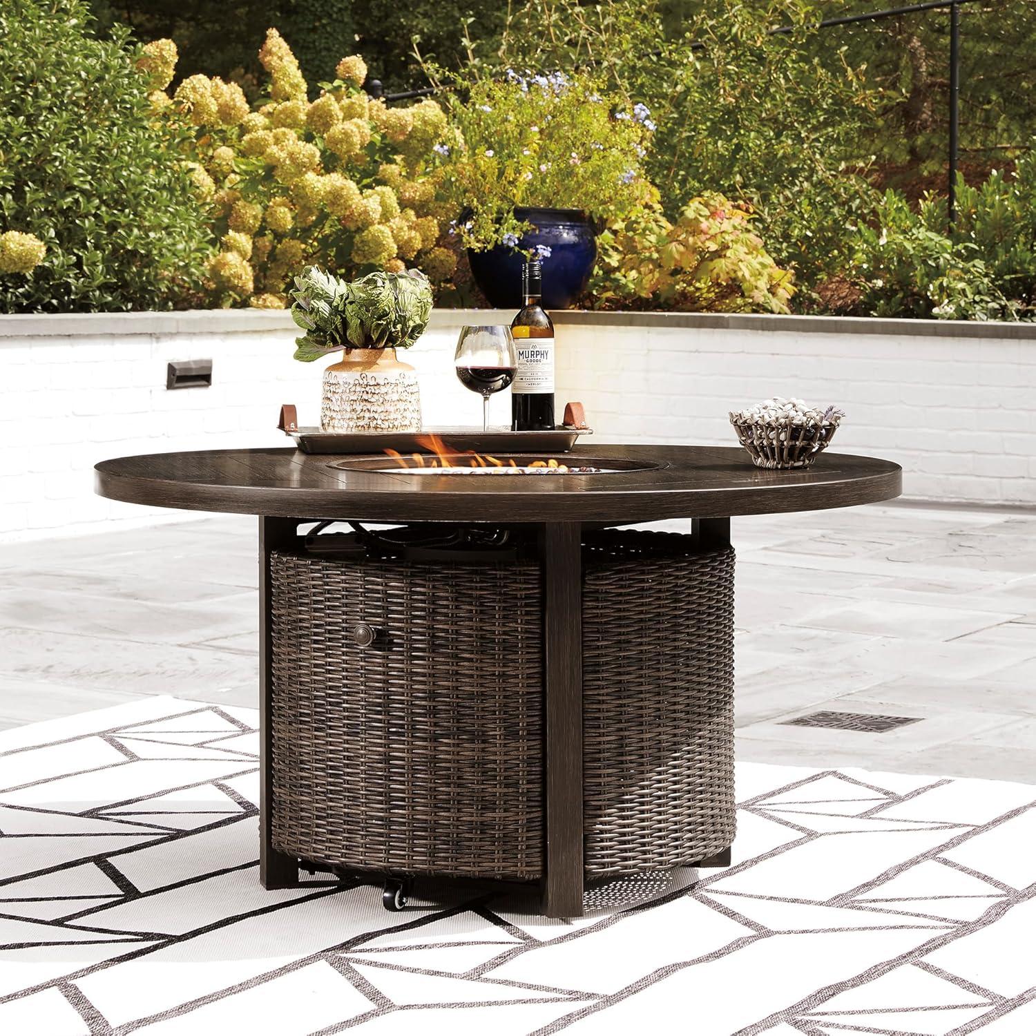 imageSignature Design by Ashley Walton Bridge Casual Outdoor Bar Table with Fire Pit and Storage Light BrownDark Brown