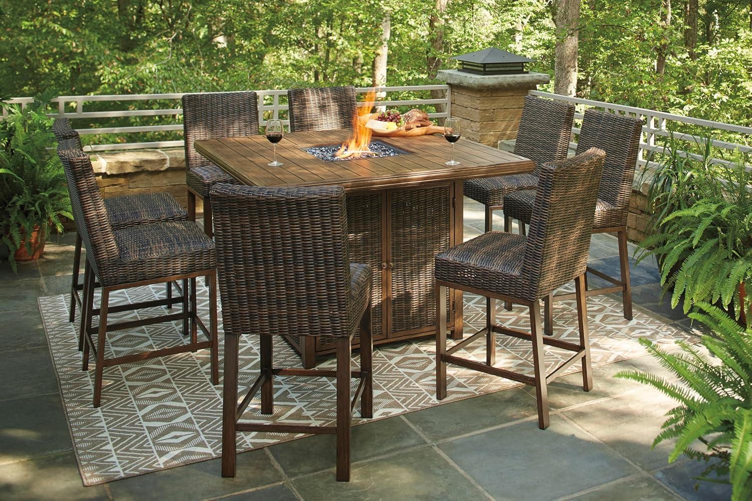 imageSignature Design by Ashley Walton Bridge Casual Outdoor Bar Table with Fire Pit and Storage Light BrownDark Brown