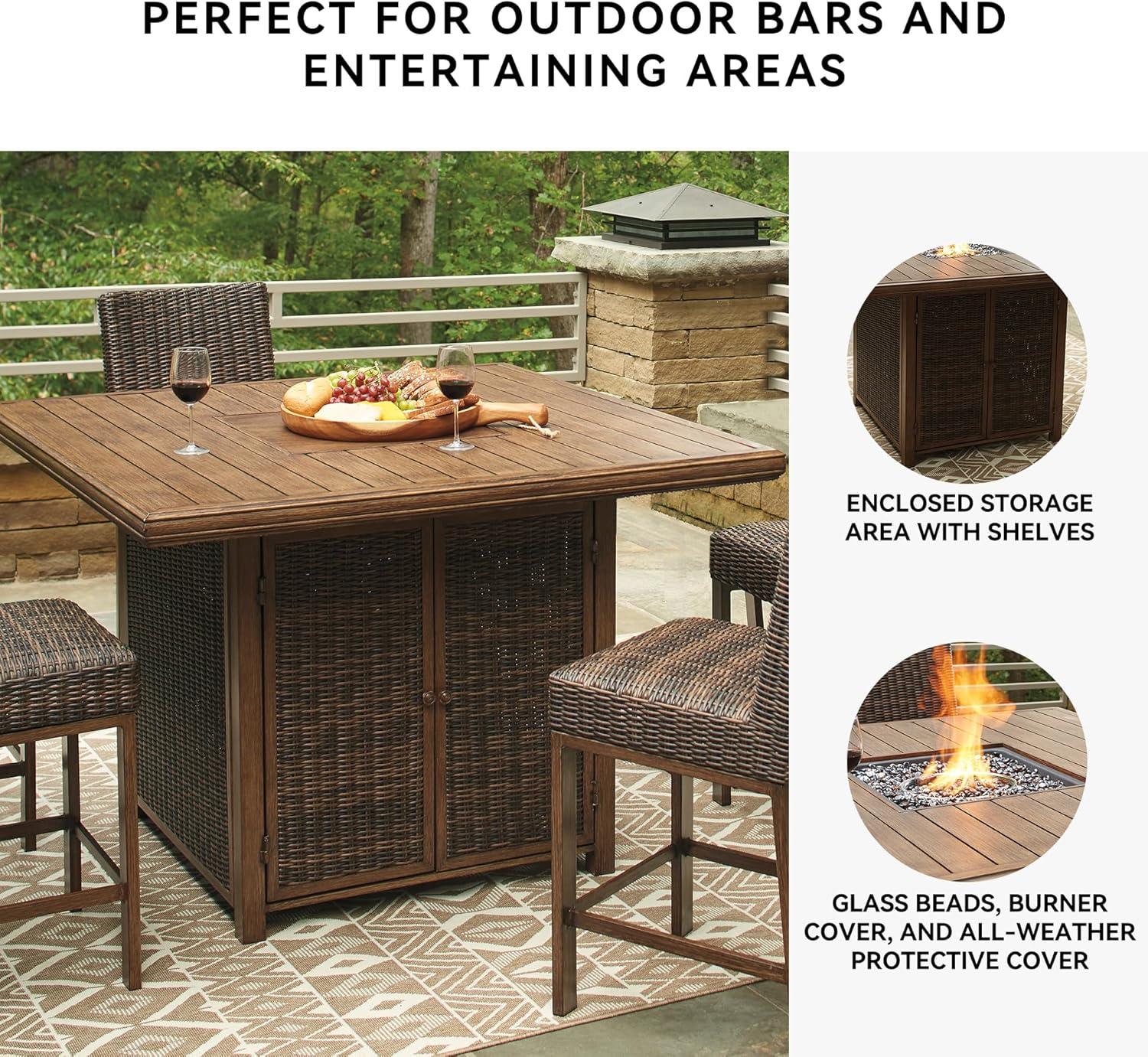 imageSignature Design by Ashley Walton Bridge Casual Outdoor Bar Table with Fire Pit and Storage Light BrownDark Brown