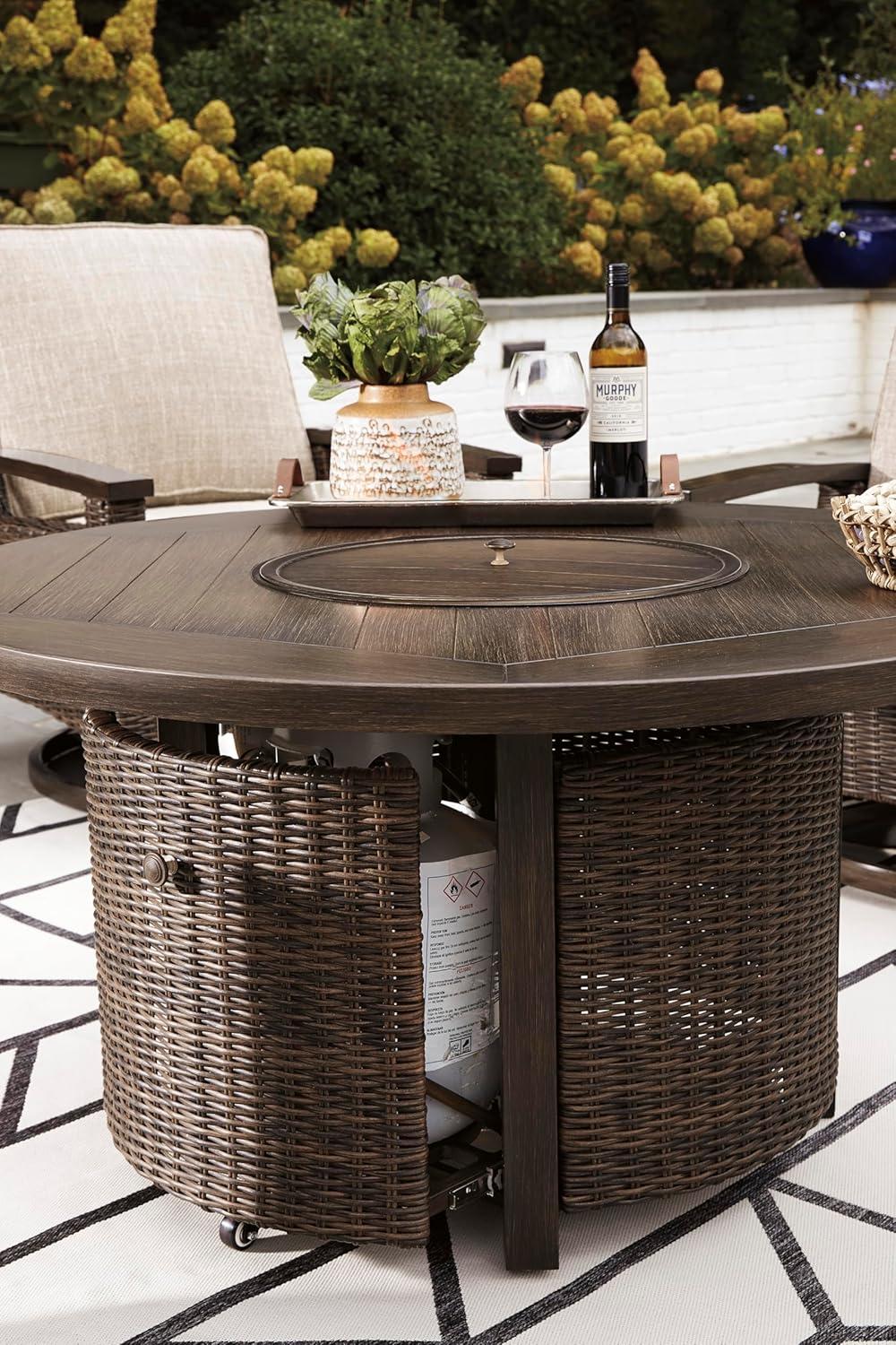 imageSignature Design by Ashley Walton Bridge Casual Outdoor Bar Table with Fire Pit and Storage Light BrownDark Brown