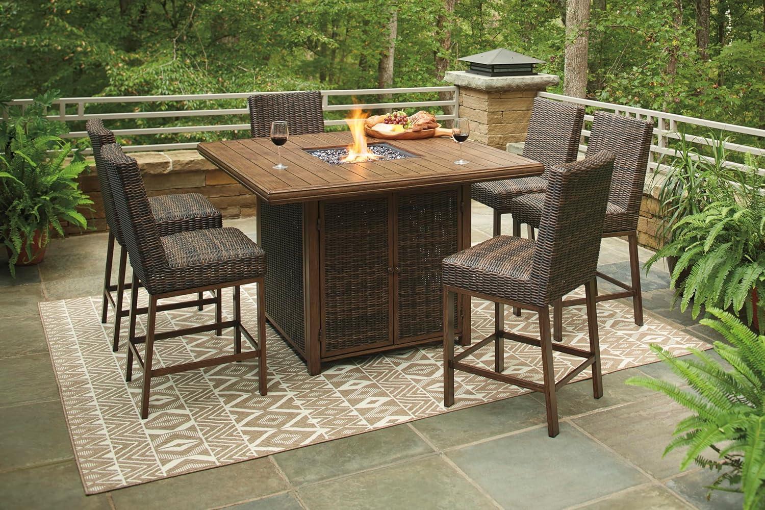 imageSignature Design by Ashley Walton Bridge Casual Outdoor Bar Table with Fire Pit and Storage Light BrownDark Brown