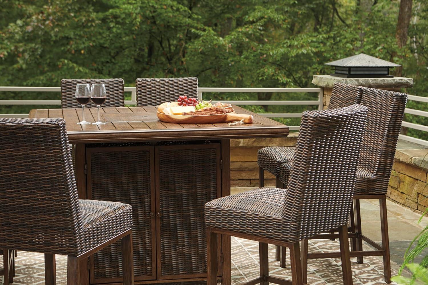 imageSignature Design by Ashley Walton Bridge Casual Outdoor Bar Table with Fire Pit and Storage Light BrownDark Brown