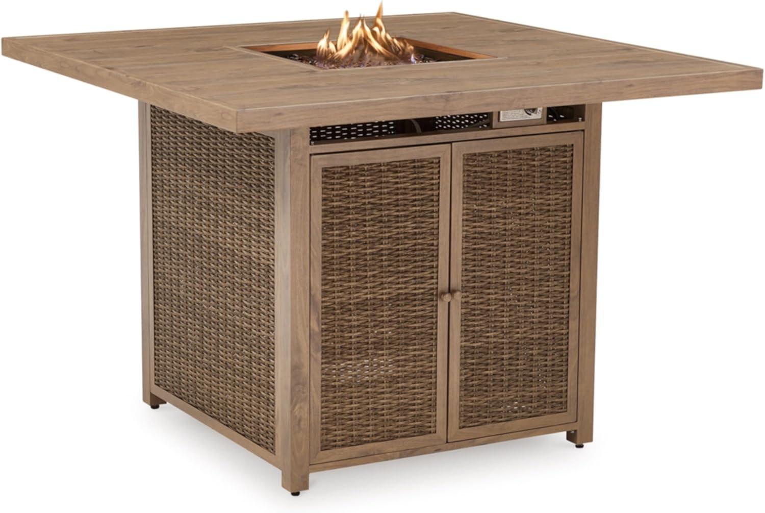 imageSignature Design by Ashley Walton Bridge Casual Outdoor Bar Table with Fire Pit and Storage Light BrownLight Brown