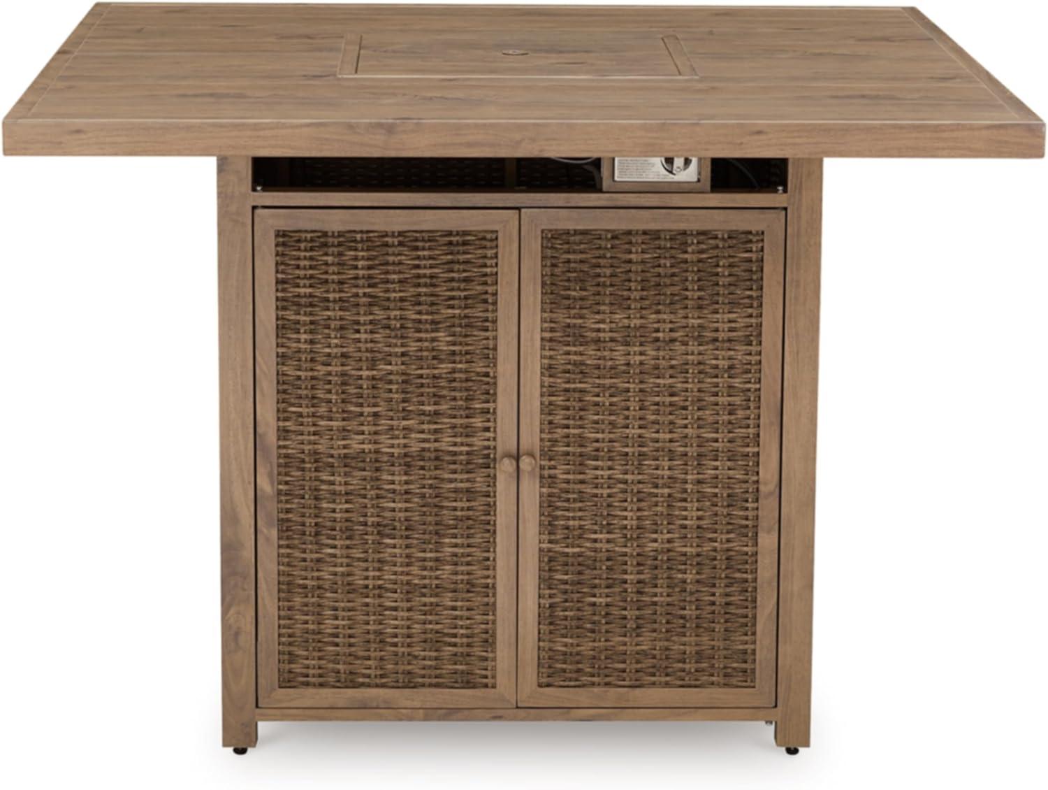 imageSignature Design by Ashley Walton Bridge Casual Outdoor Bar Table with Fire Pit and Storage Light BrownLight Brown