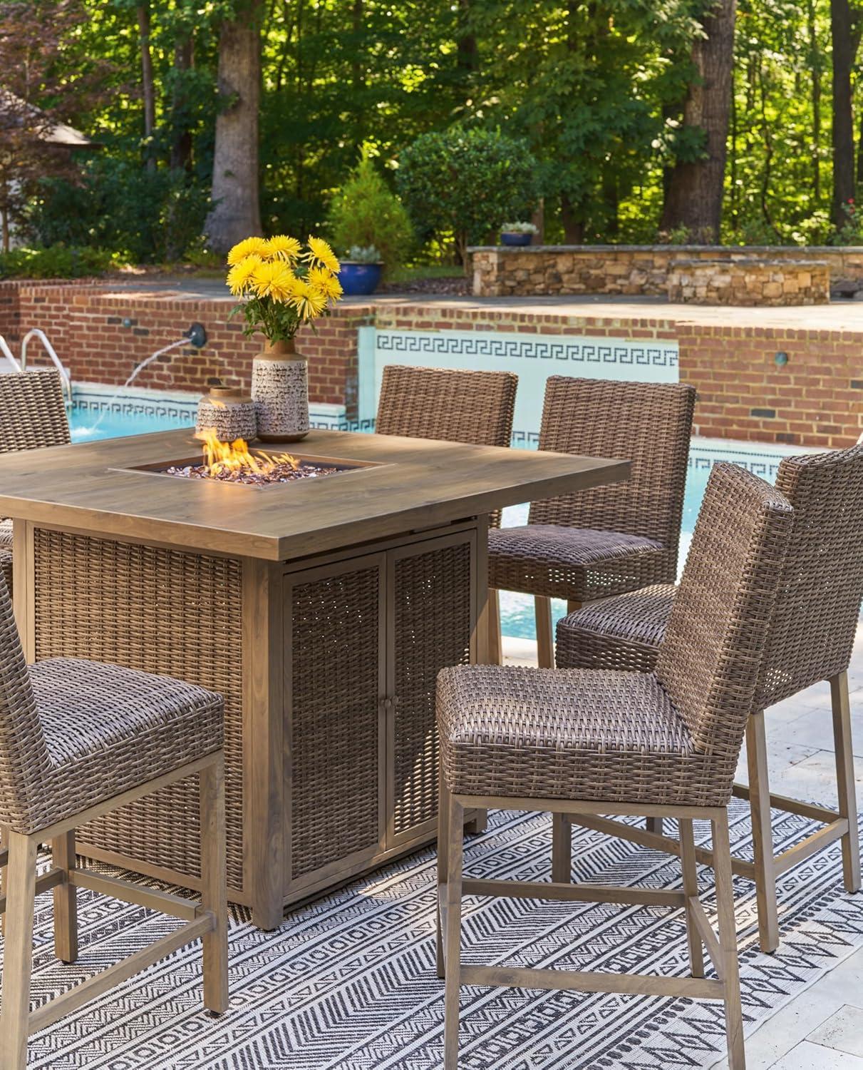 imageSignature Design by Ashley Walton Bridge Casual Outdoor Bar Table with Fire Pit and Storage Light BrownLight Brown