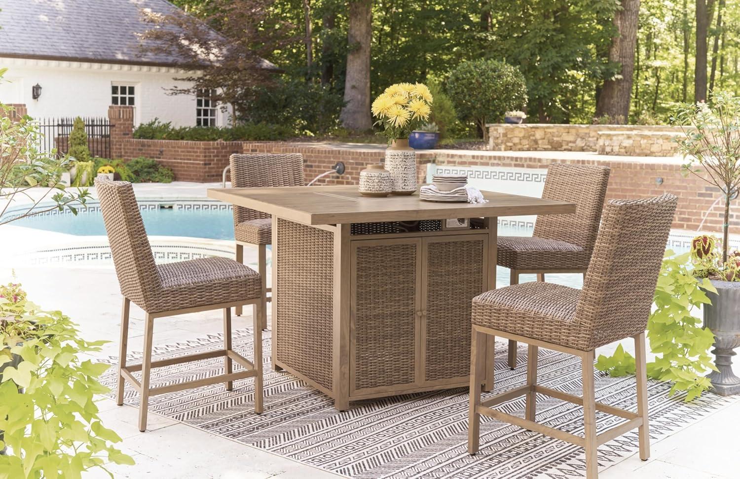 imageSignature Design by Ashley Walton Bridge Casual Outdoor Bar Table with Fire Pit and Storage Light BrownLight Brown
