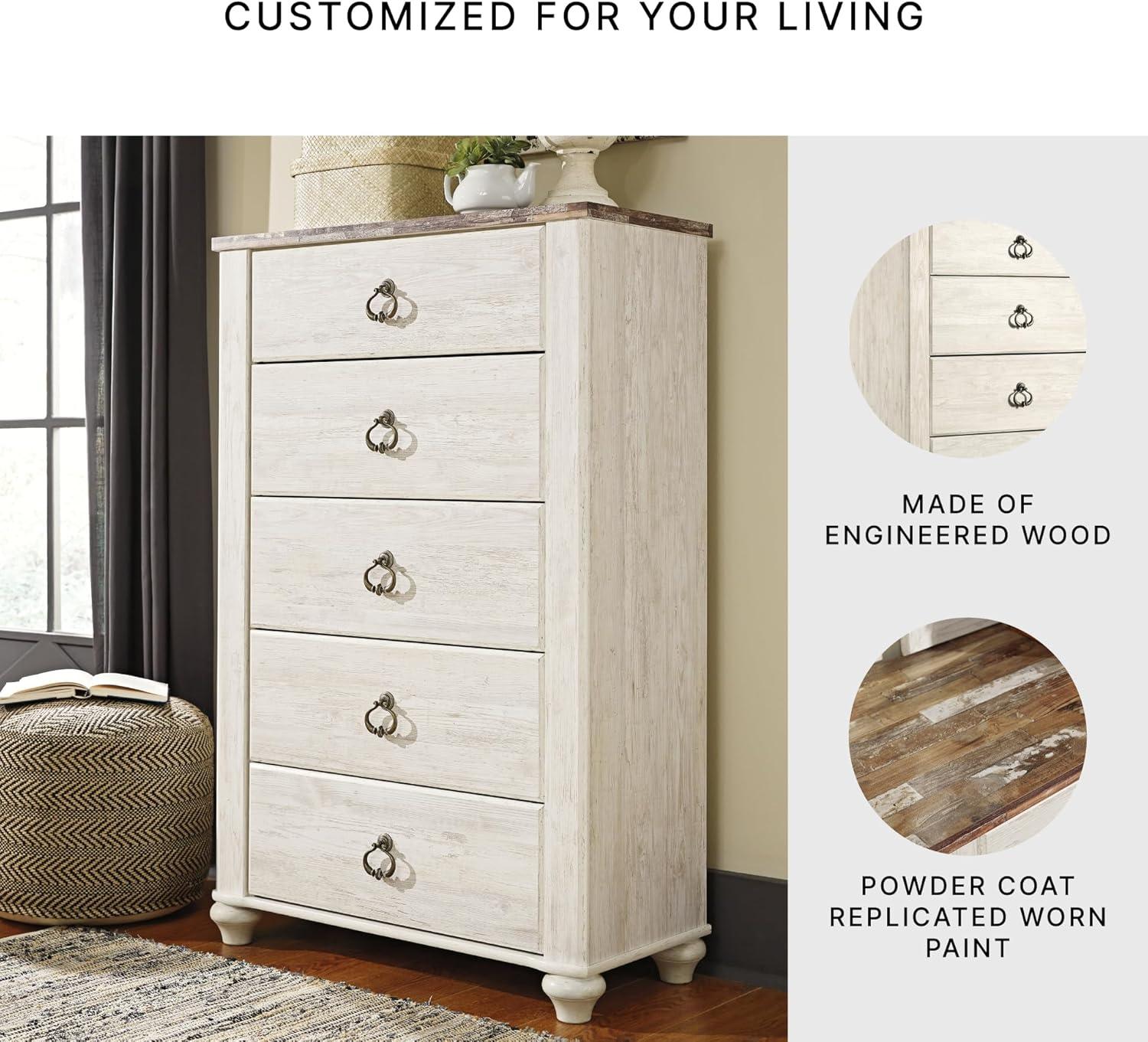 imageSignature Design by Ashley Willowton Shabby Chic Dressing Chest with Faux Plank Top Whitewash5 Drawer Dresser