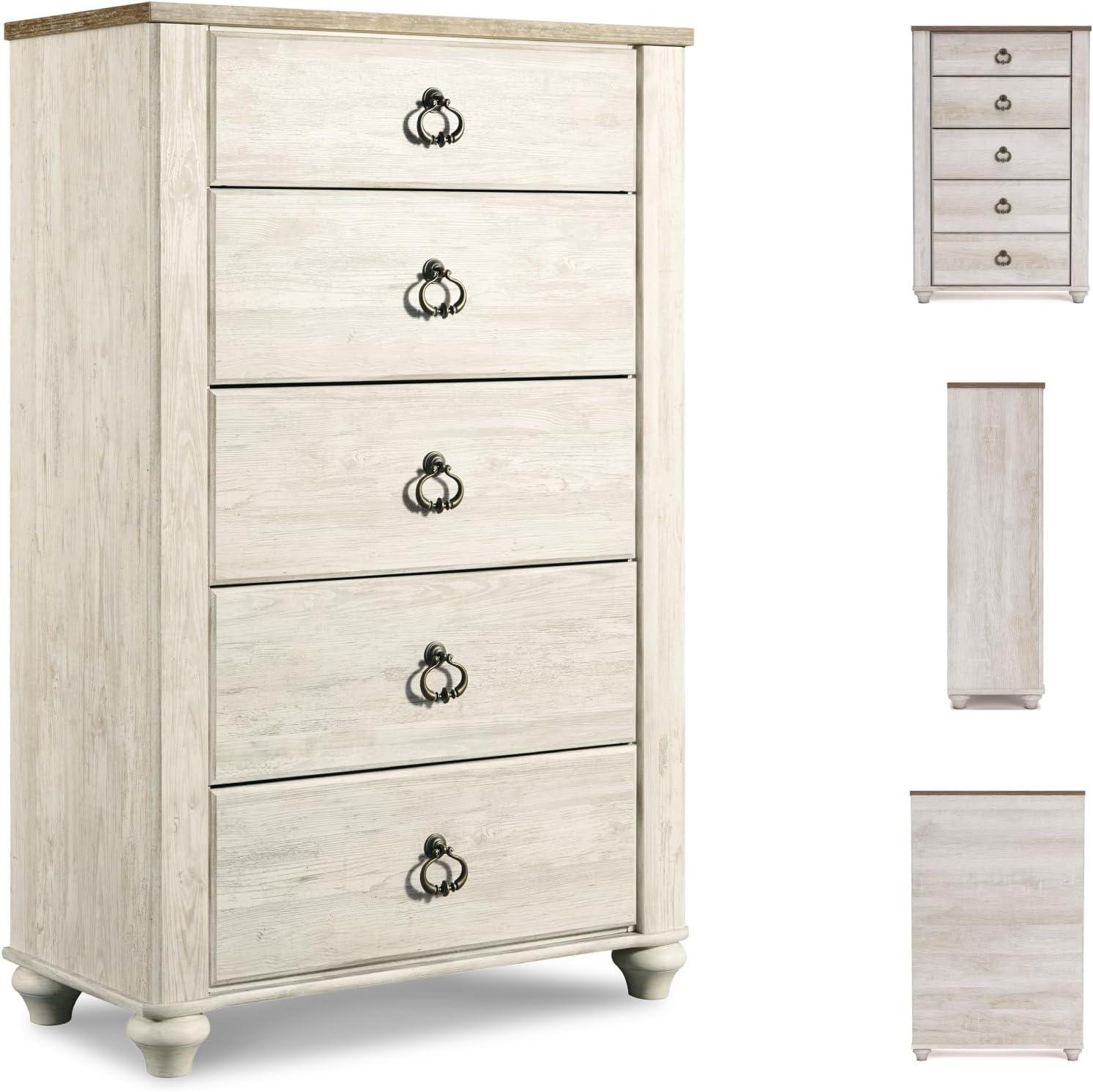 imageSignature Design by Ashley Willowton Shabby Chic Dressing Chest with Faux Plank Top Whitewash5 Drawer Dresser