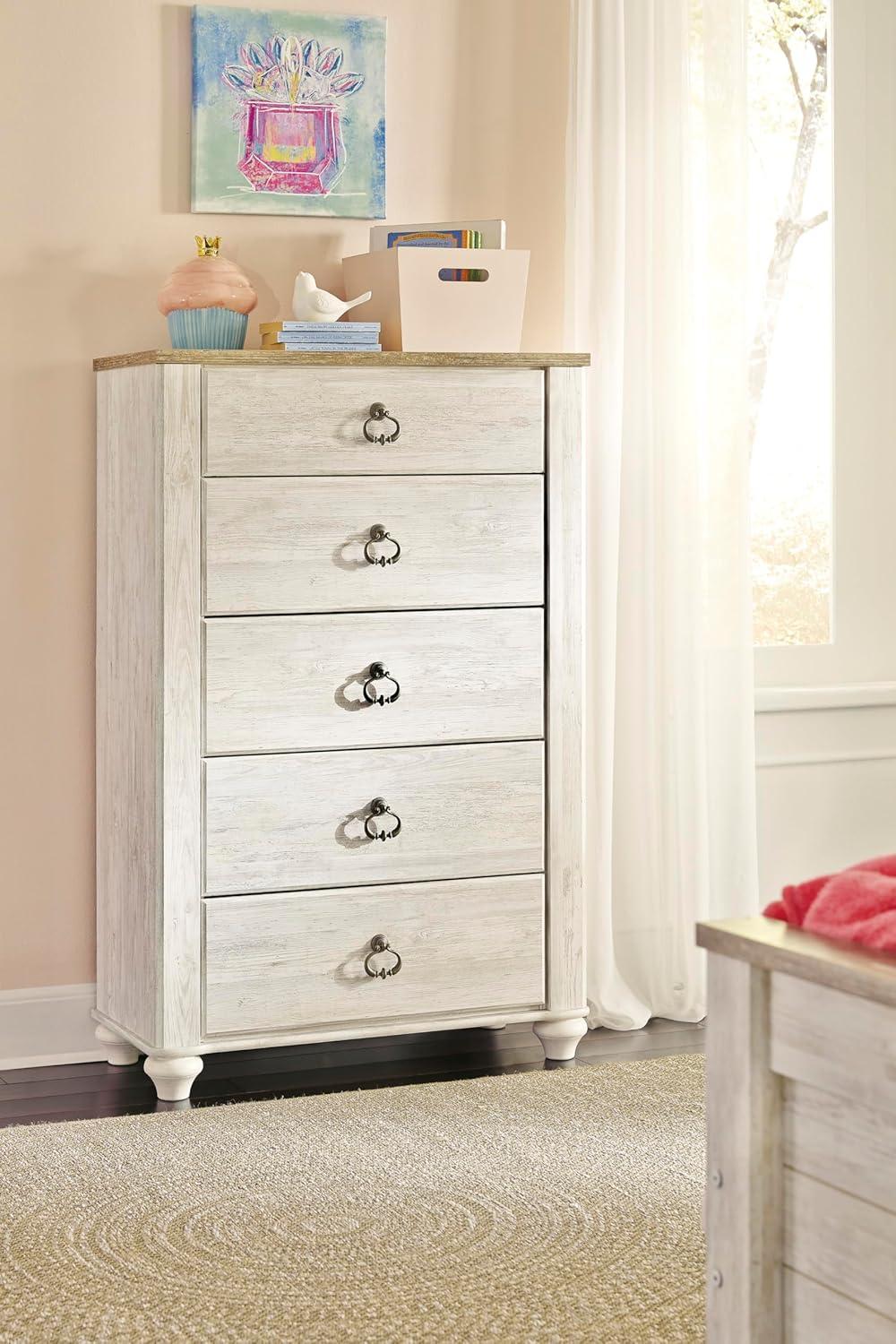 imageSignature Design by Ashley Willowton Shabby Chic Dressing Chest with Faux Plank Top Whitewash5 Drawer Dresser
