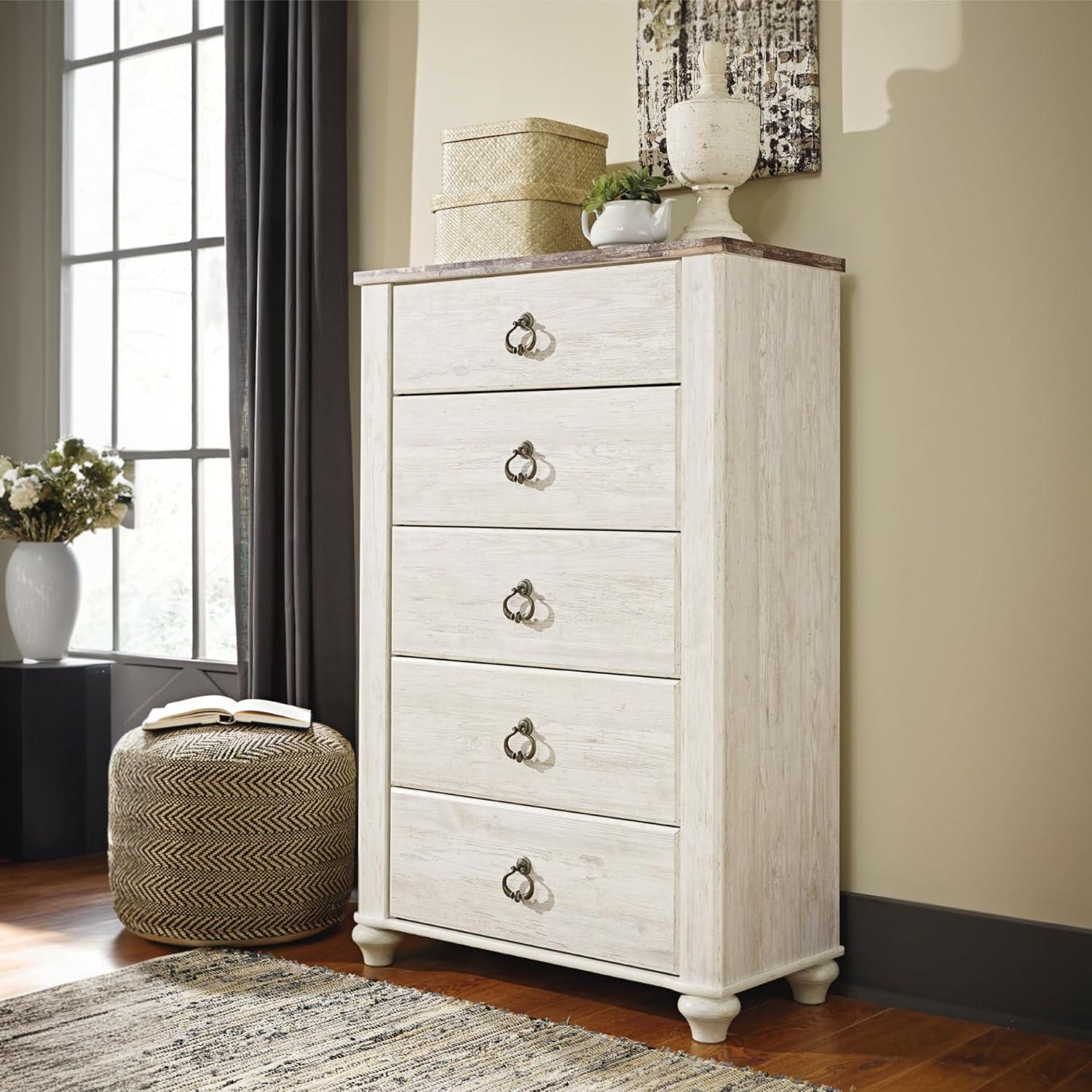 imageSignature Design by Ashley Willowton Shabby Chic Dressing Chest with Faux Plank Top Whitewash5 Drawer Dresser