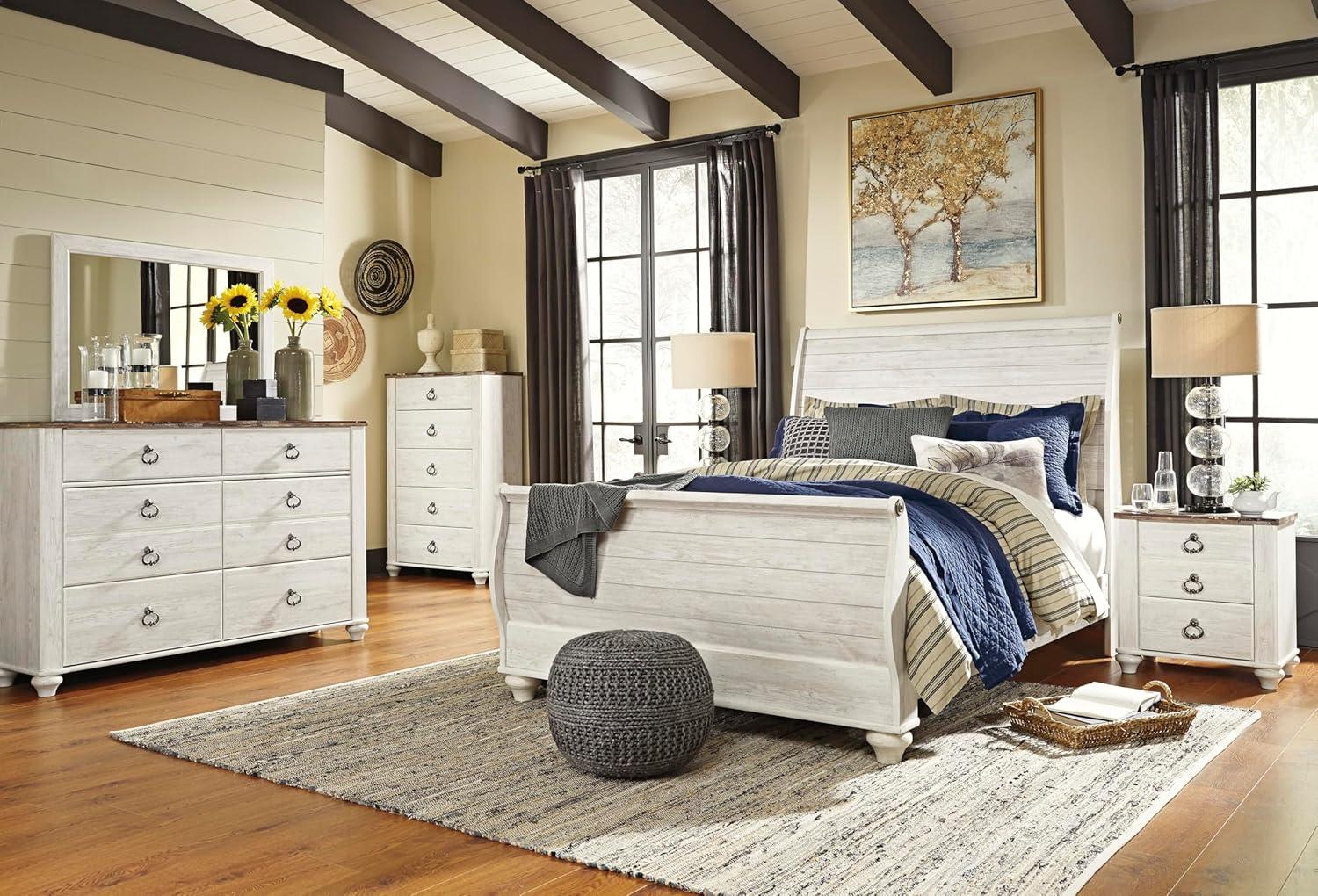 imageSignature Design by Ashley Willowton Shabby Chic Dressing Chest with Faux Plank Top Whitewash5 Drawer Dresser