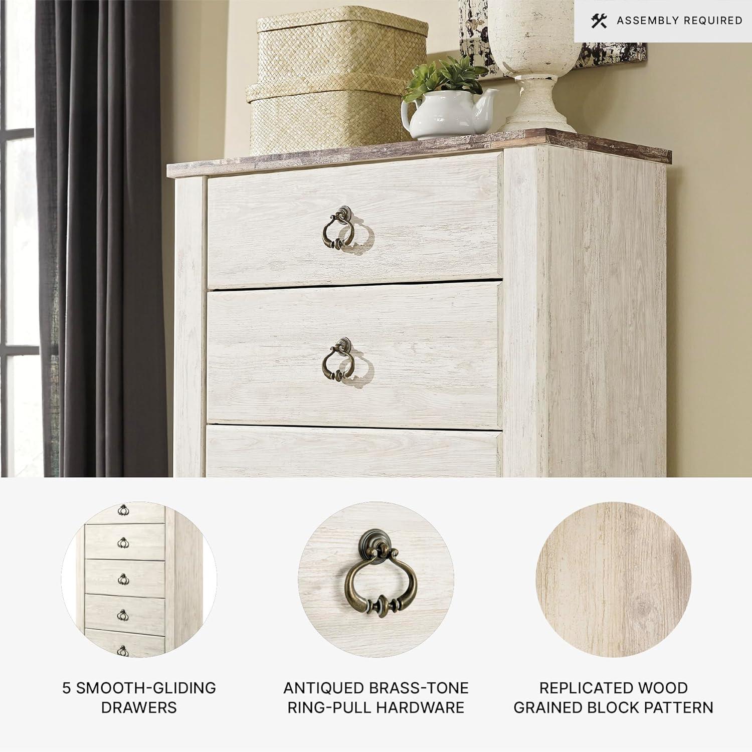 imageSignature Design by Ashley Willowton Shabby Chic Dressing Chest with Faux Plank Top Whitewash5 Drawer Dresser