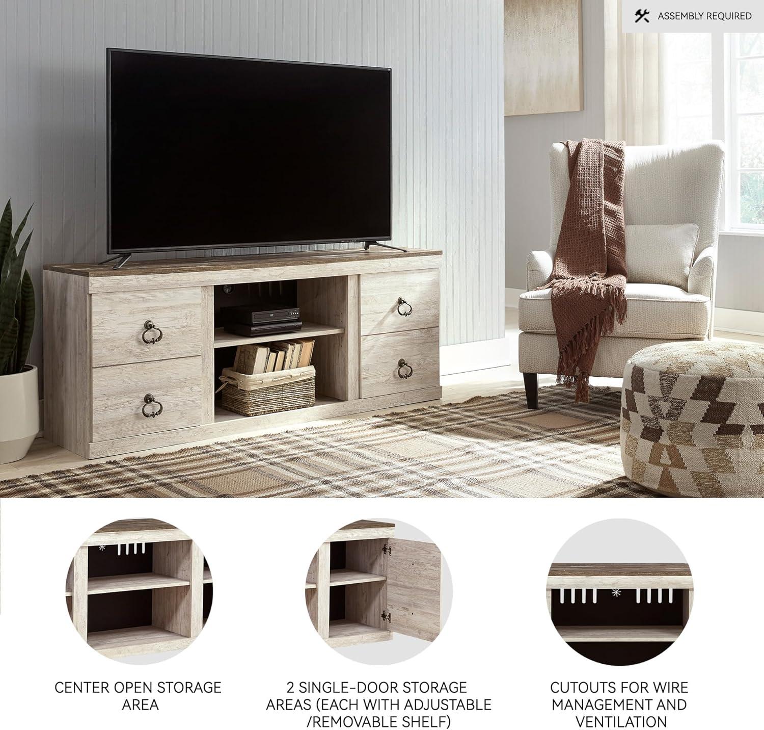 imageSignature Design by Ashley Willowton Shabby Chic Large TV Stand up to 60quot with 3 Shelves and Fireplace Option White