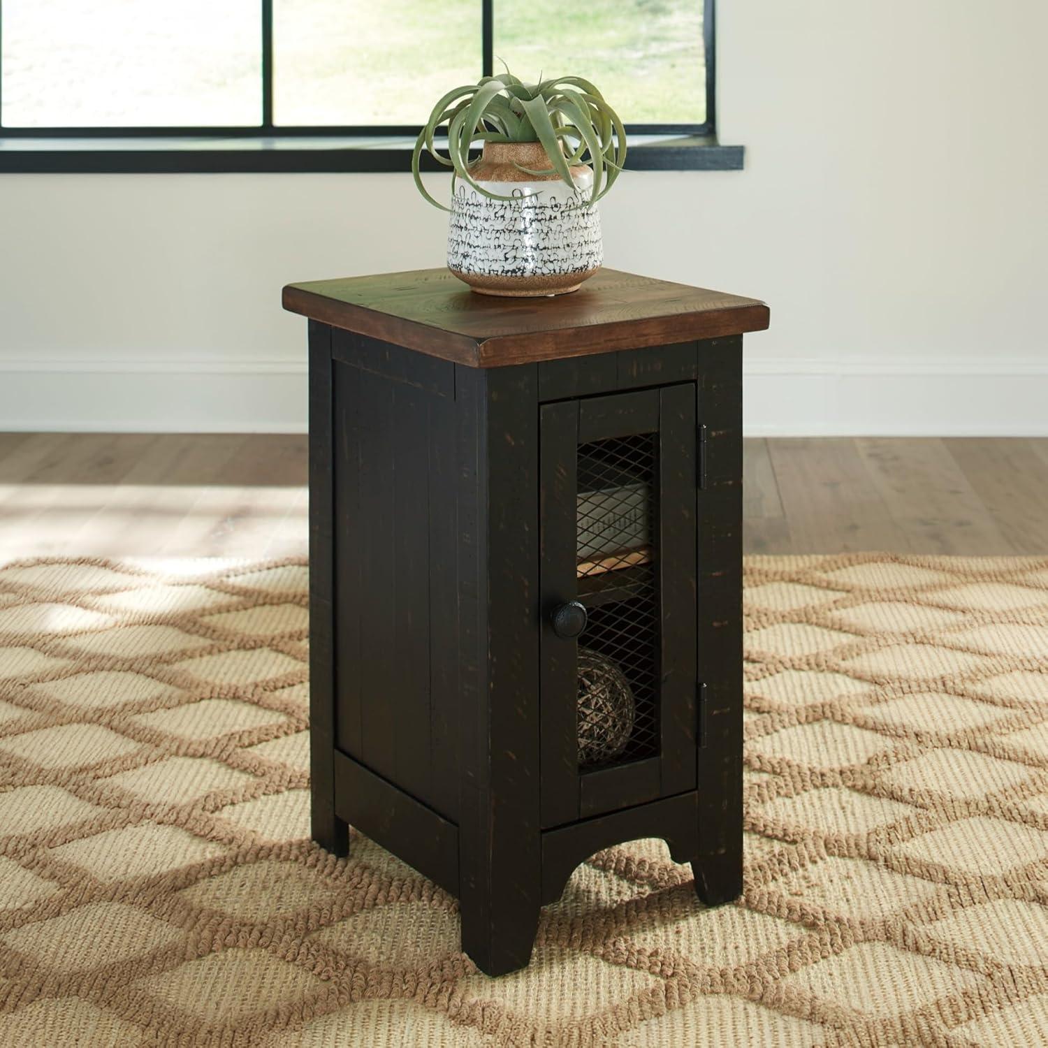imageSignature Design by Ashley Wystfield Farmhouse Chair Side End Table with Cabinet Door for Storage White ampamp Brown with Distressed FinishBlack
