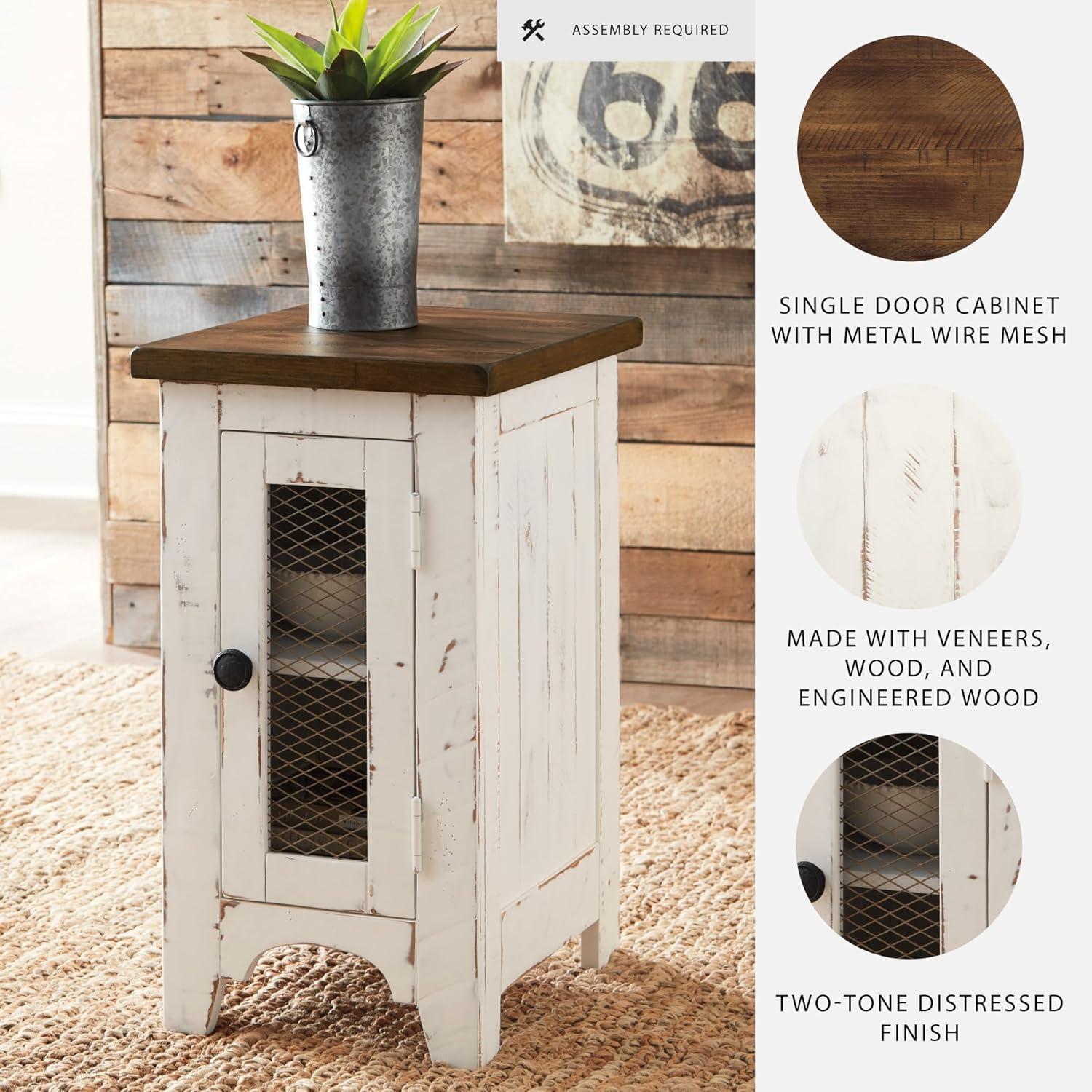 imageSignature Design by Ashley Wystfield Farmhouse Chair Side End Table with Cabinet Door for Storage White ampamp Brown with Distressed FinishWhiteBrown