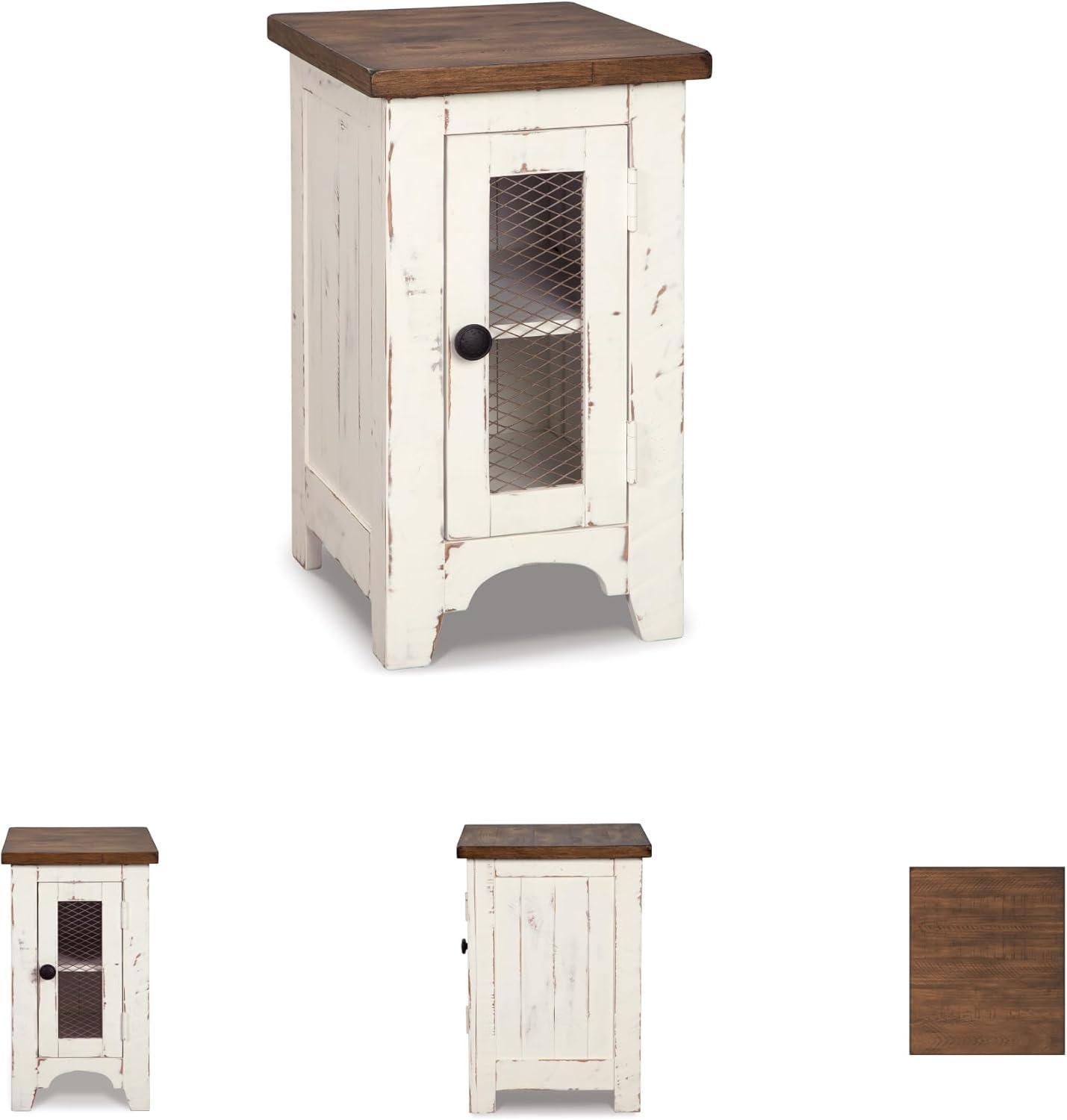 imageSignature Design by Ashley Wystfield Farmhouse Chair Side End Table with Cabinet Door for Storage White ampamp Brown with Distressed FinishWhiteBrown