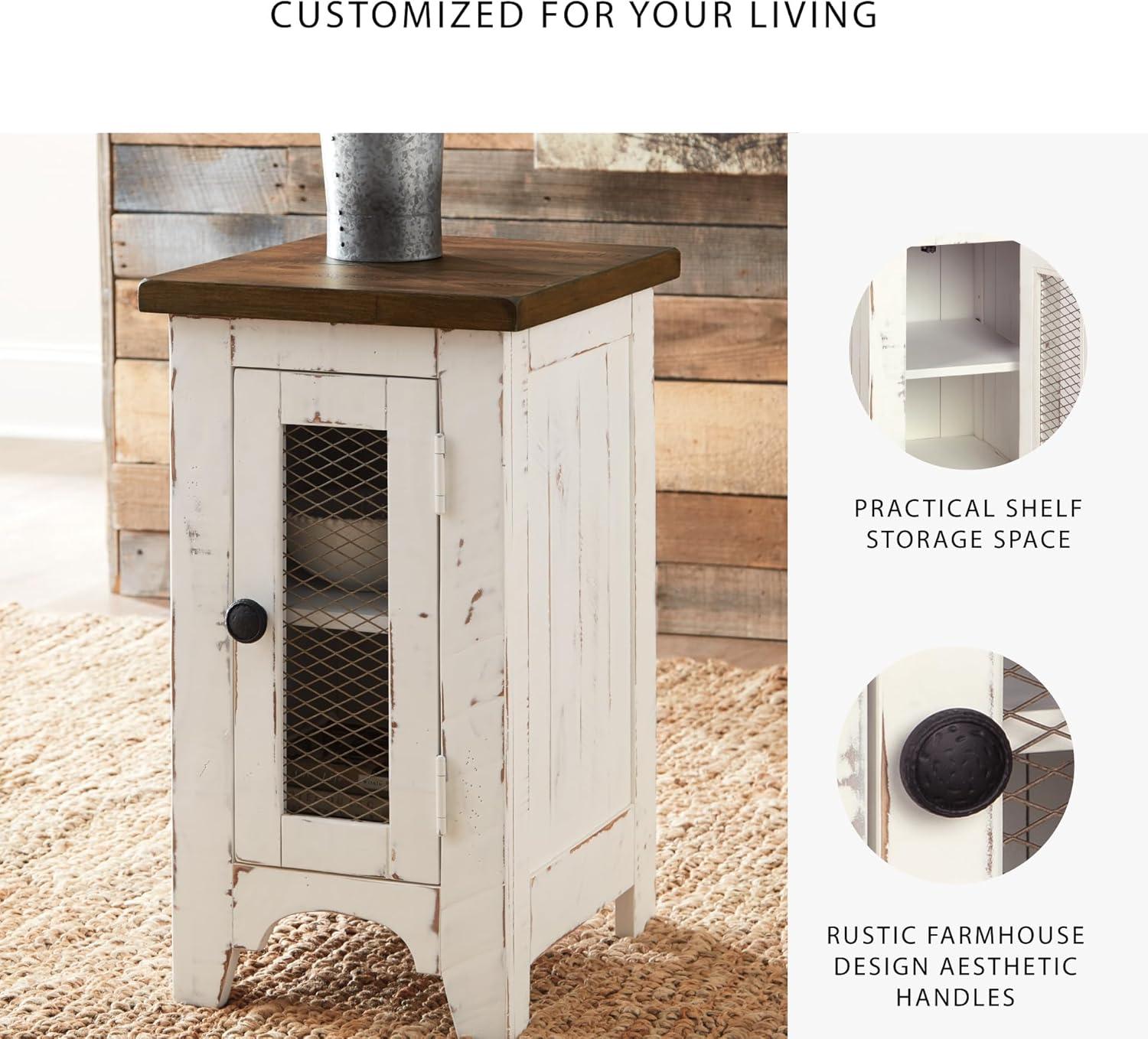 imageSignature Design by Ashley Wystfield Farmhouse Chair Side End Table with Cabinet Door for Storage White ampamp Brown with Distressed FinishWhiteBrown