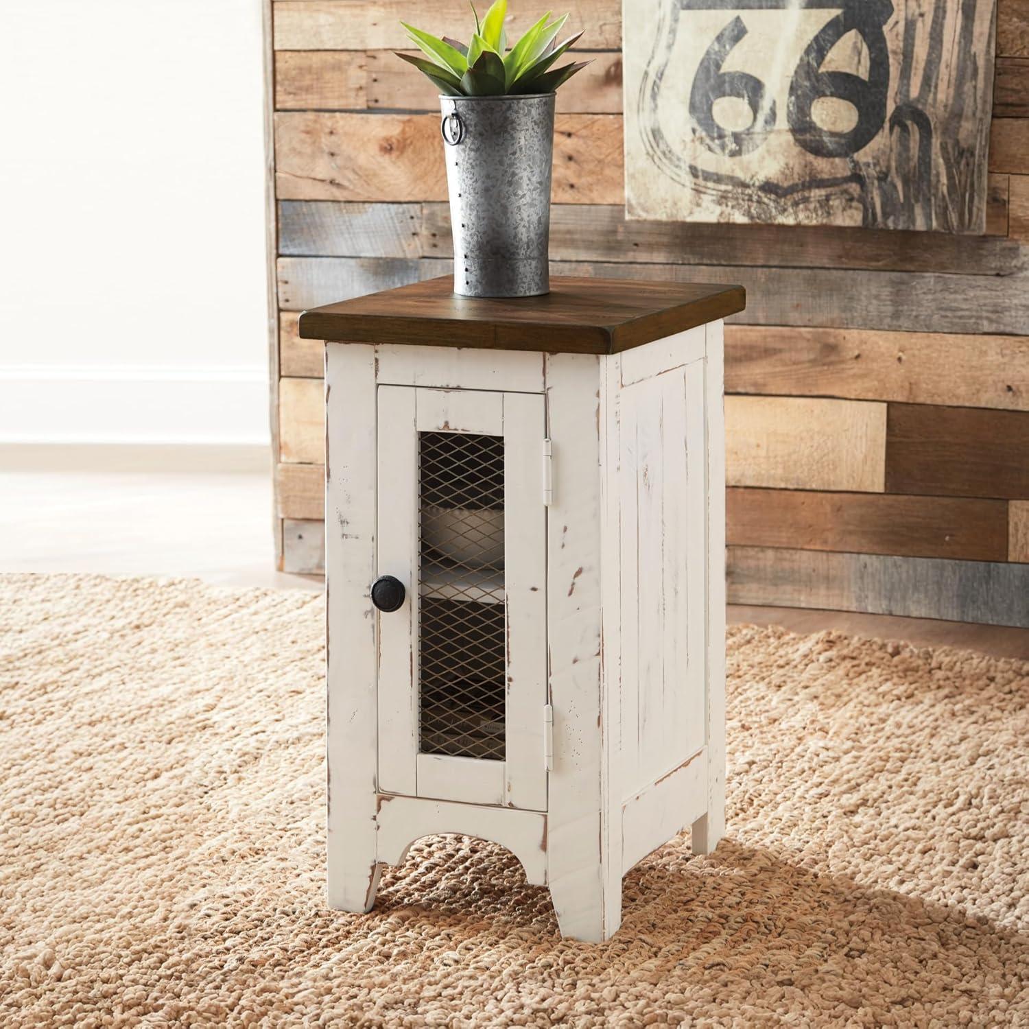 imageSignature Design by Ashley Wystfield Farmhouse Chair Side End Table with Cabinet Door for Storage White ampamp Brown with Distressed FinishWhiteBrown