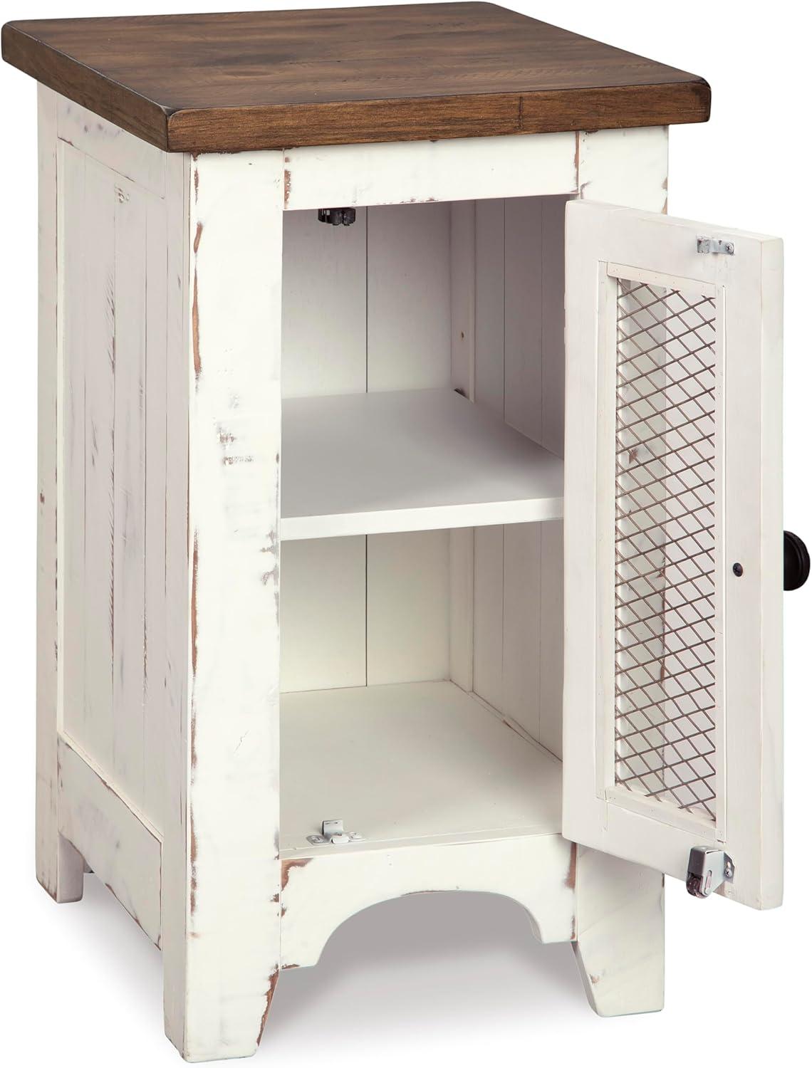 imageSignature Design by Ashley Wystfield Farmhouse Chair Side End Table with Cabinet Door for Storage White ampamp Brown with Distressed FinishWhiteBrown