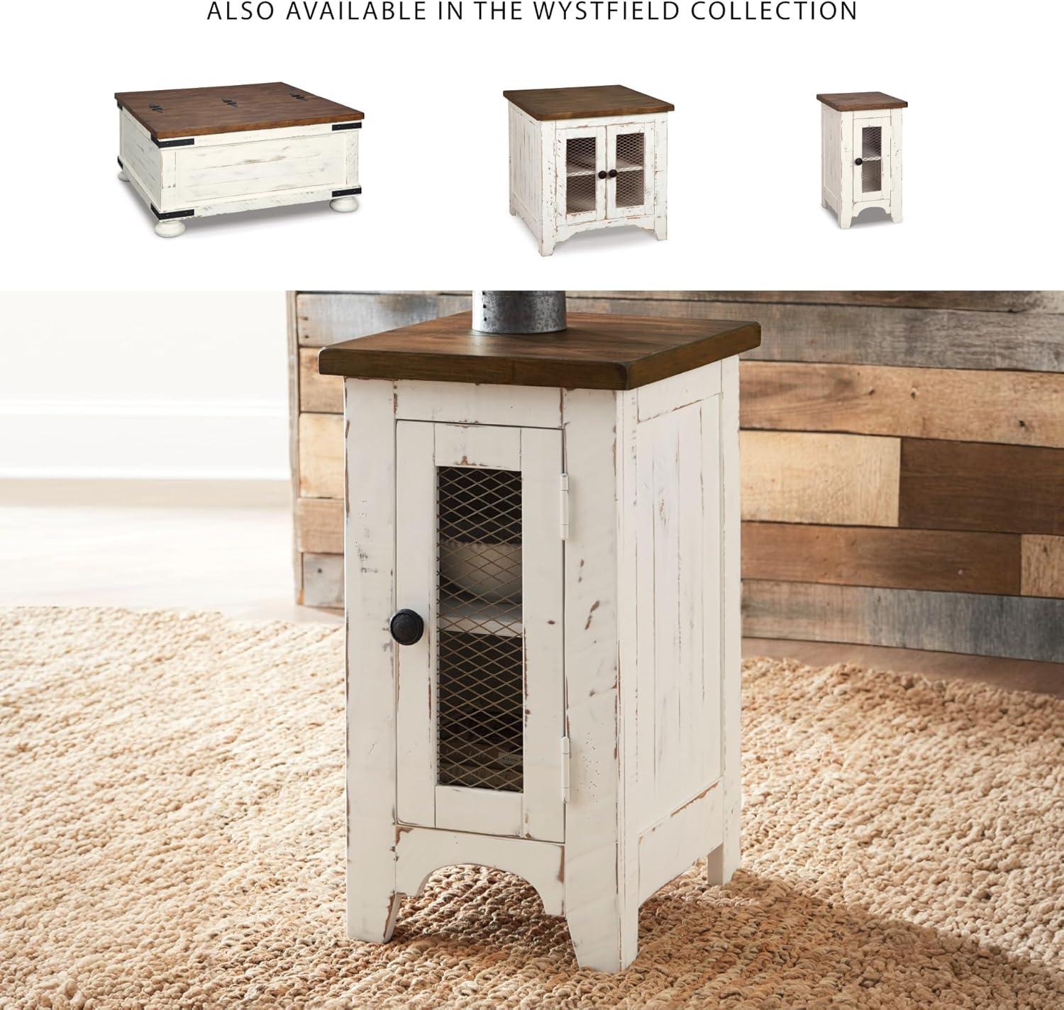 imageSignature Design by Ashley Wystfield Farmhouse Chair Side End Table with Cabinet Door for Storage White ampamp Brown with Distressed FinishWhiteBrown