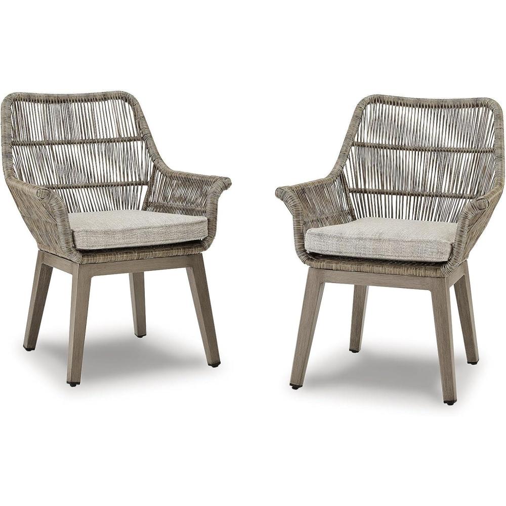imageSignature Design by Ashley Beach Front Casual Outdoor Arm Chair with AllWeather Cushion Set of 2 Resin Wicker with Aluminum Frame 185quot Seat Height Beige