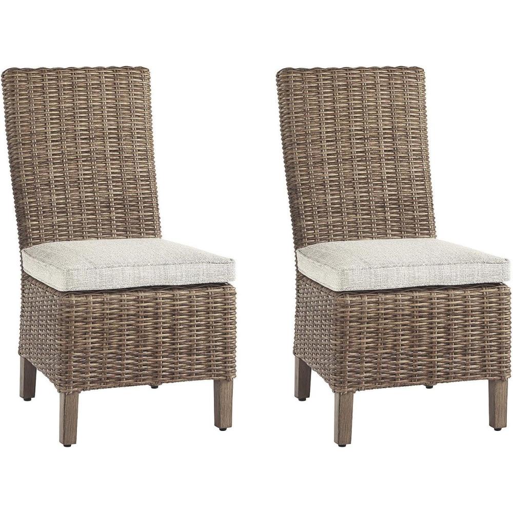 imageSignature Design by Ashley Beachcroft Wicker Arm Chair with Cushion 2 Count Nuvella Weather Resistant Fabric BrownNatural