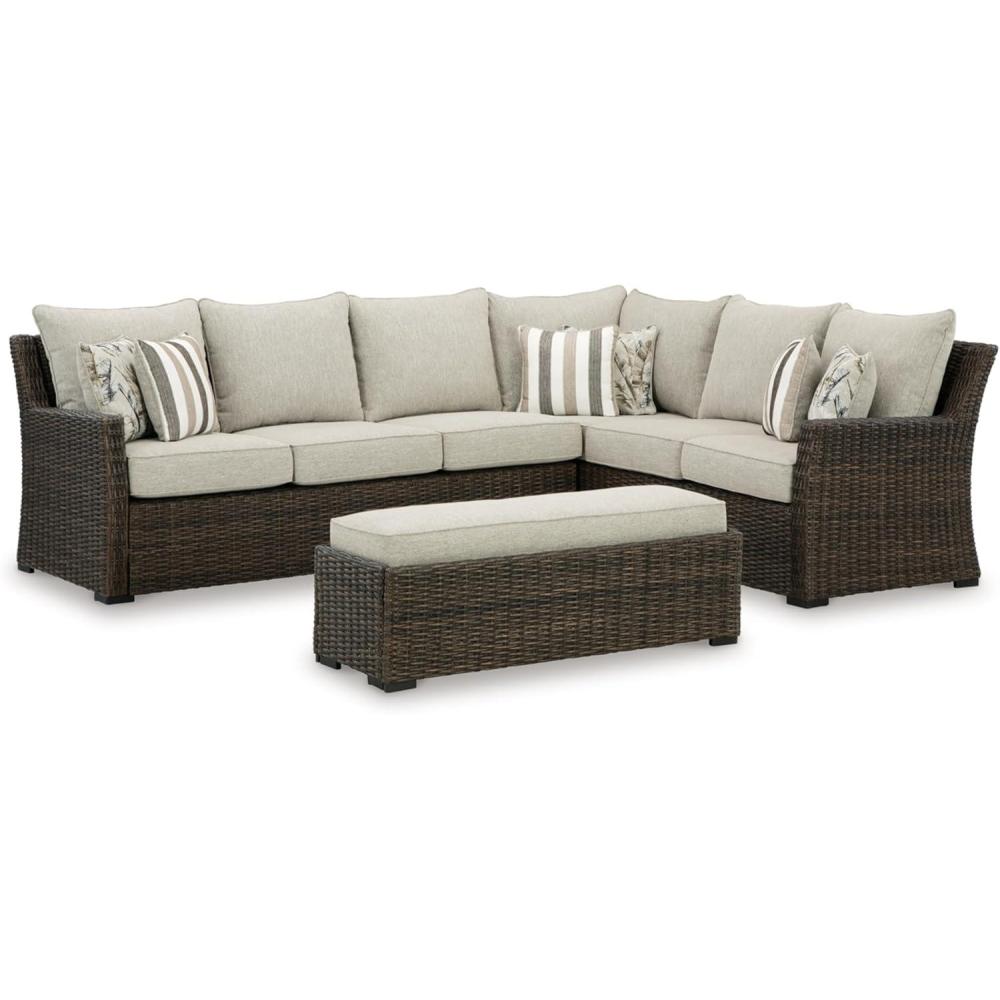imageSignature Design by Ashley Brook Ranch Casual Nuvella Weather Resistant Fabric Right Hand Facing Outdoor Sofa SectionalBench with Cushion and 6 Throw Pillows Set of 3 Beige ampamp Dark Brown