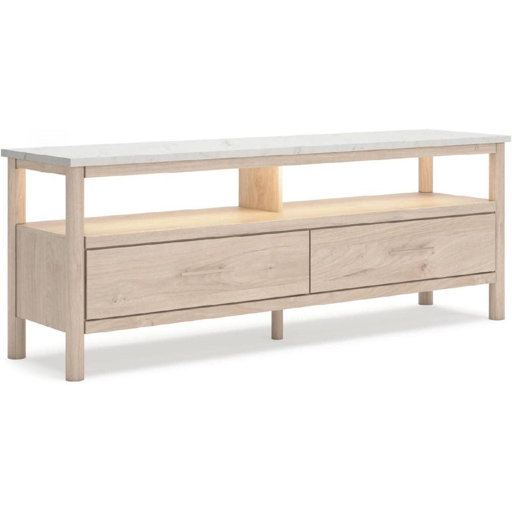 imageSignature Design by Ashley Cadmori Traditional 72quot TV Stand for TVs up to 82quot with Ambient Lighting Open Shelf and Drawers Black ampamp WhiteLight Brown White