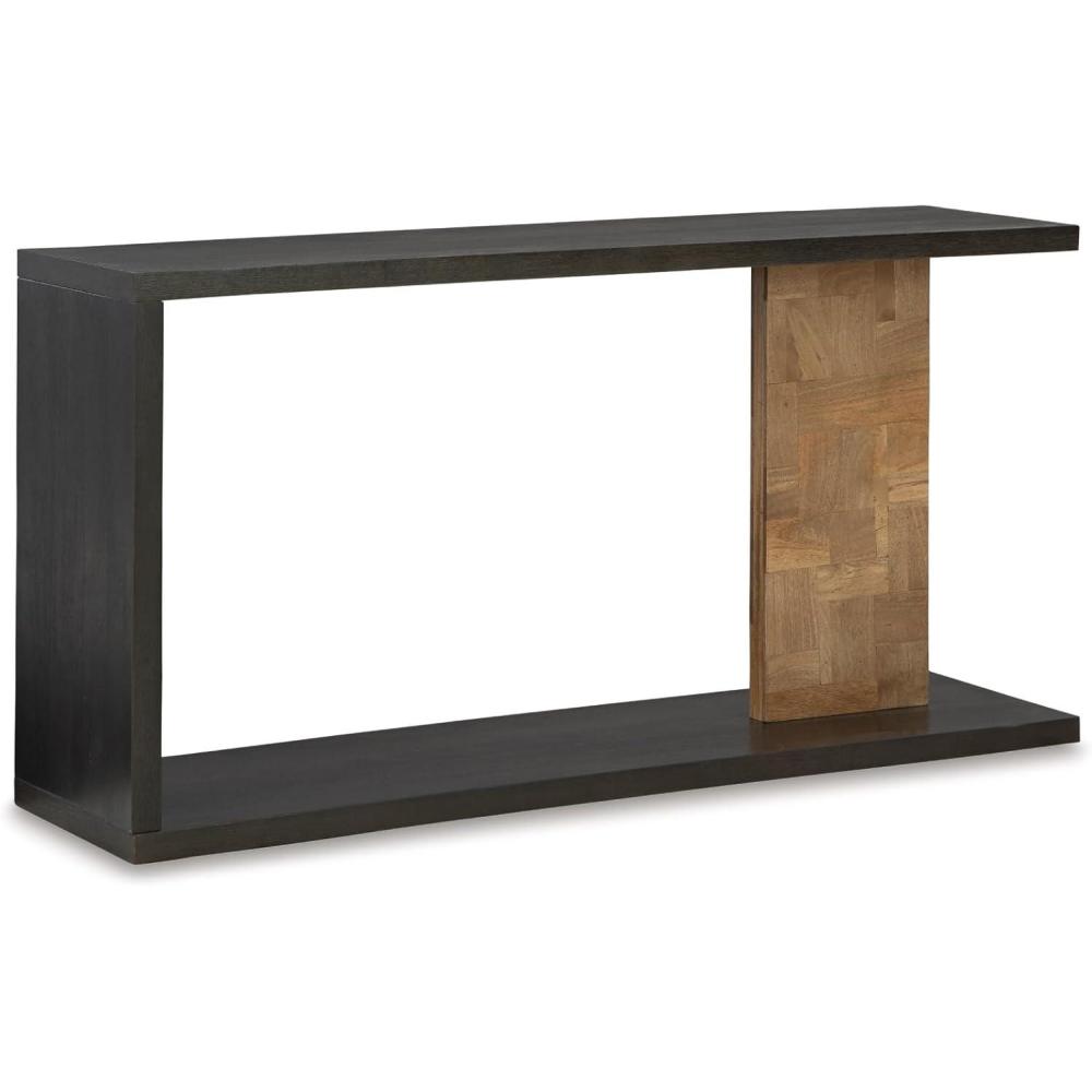 imageSignature Design by Ashley Camlett Contemporary Console Sofa Table with Shelf and Patchwork Patterned Support Post Dark Brown ampamp Light Brown