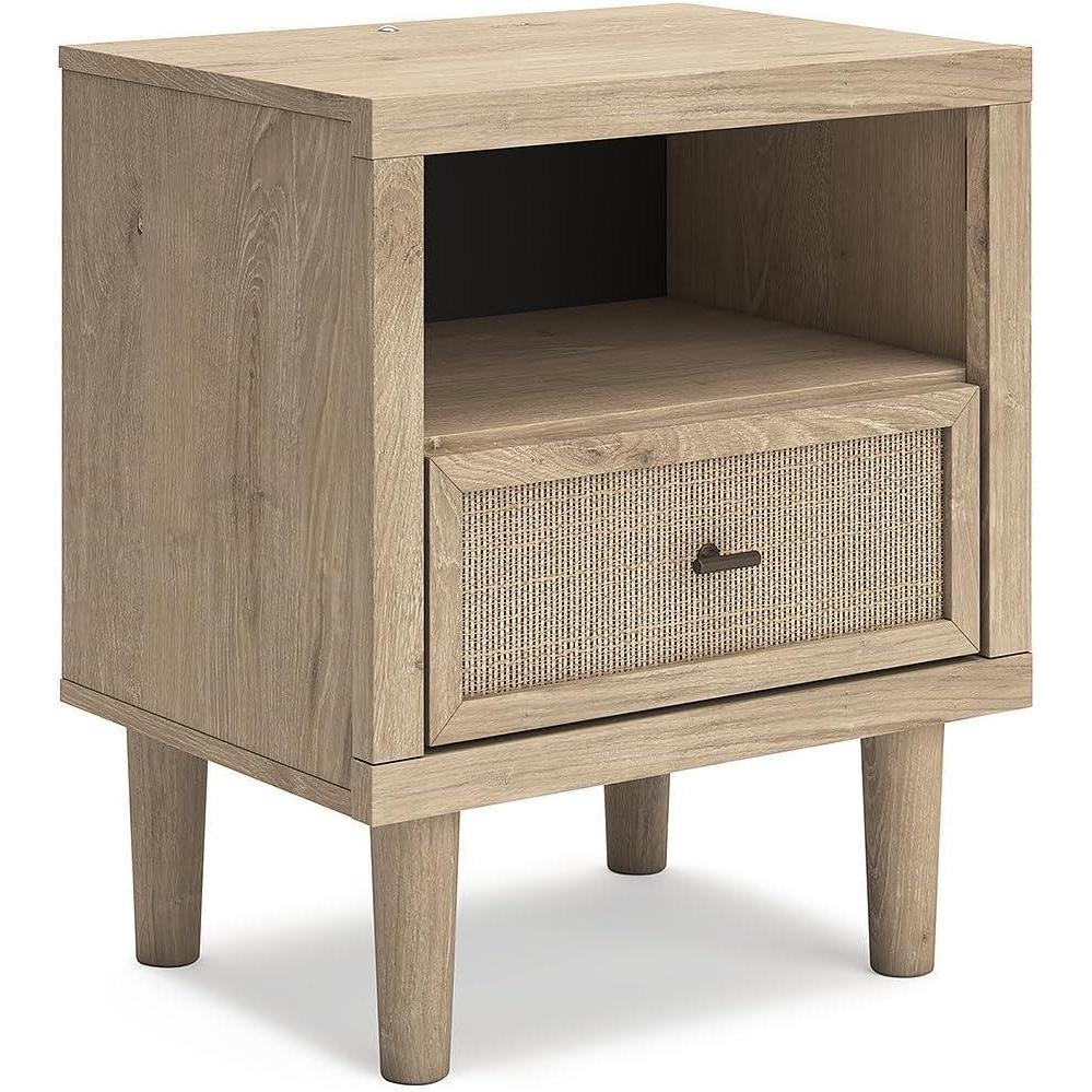 imageSignature Design by Ashley Cielden Farmhouse 1 Drawer Nightstand with Open Shelf LED Lights Wireless Charging and USB Ports 25quot Tall Light BrownLight Brown