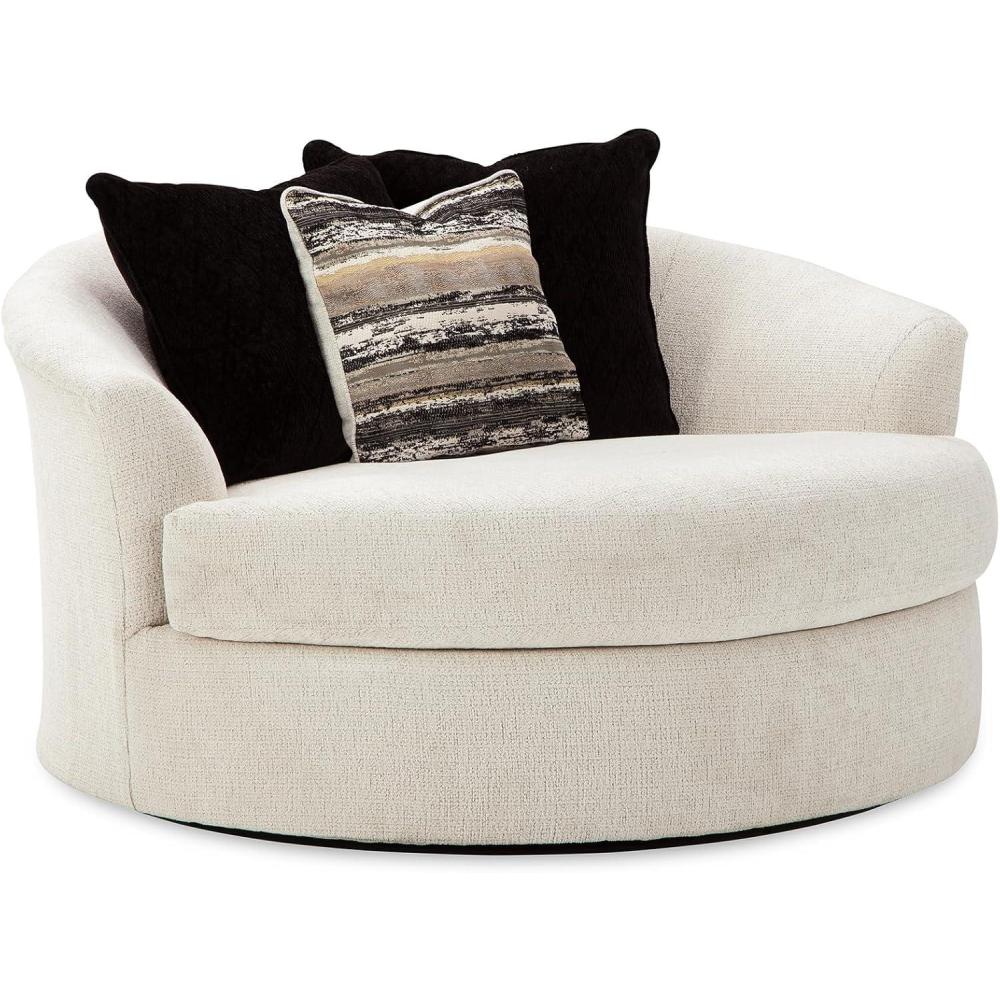 imageSignature Design by Ashley Creswell Transitional Round Upholstered Oversized Swivel Accent Chair GrayWhite