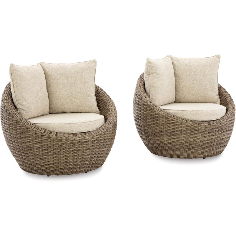 imageSignature Design by Ashley Danson Outdoor Lounge Chair with Cushion and 360Degree Swivel Set of 2 UVResistant Performance Fabric and Resin Wicker Light Brown
