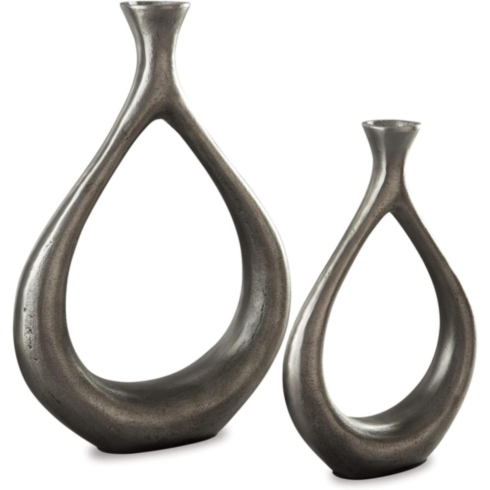 imageSignature Design by Ashley Dimaia Contemporary 2 Piece Metal Candle Holder Set Silver Finish