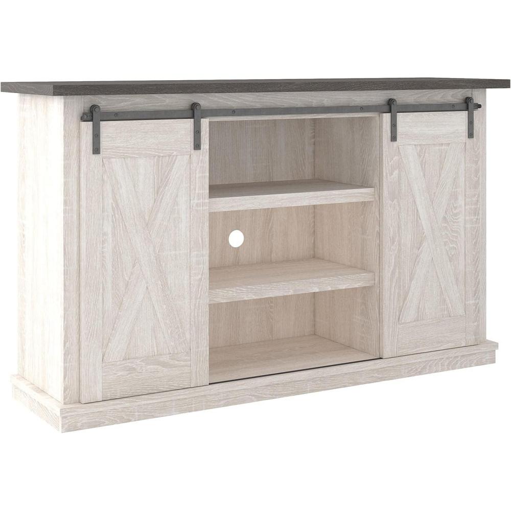 imageSignature Design by Ashley Dorrinson Farmhouse TV Stand Fits TVs up to 50quot with Sliding Barn Doors and Storage Shelves Whitewash ampamp GrayWhitewash