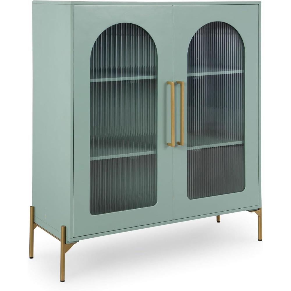 imageSignature Design by Ashley Dreley Classic 4Door Accent Cabinet Dark Brown with 2 Shelves Arched Glass Door FrontsLight Green