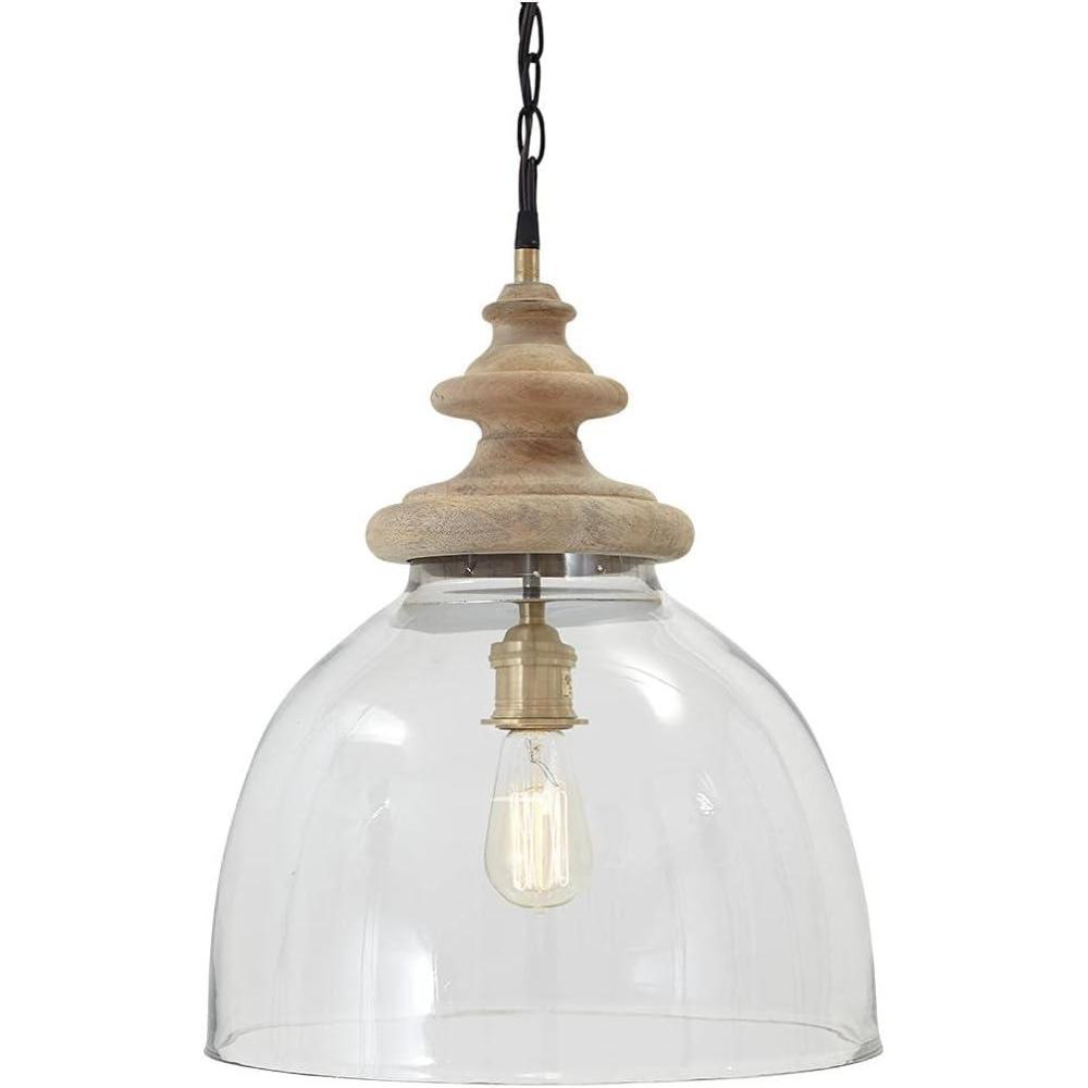 imageSignature Design by Ashley Faiz Rustic 205quot Natural Wood ampamp Glass Pendant Light Brown ampamp ClearHalf Dome