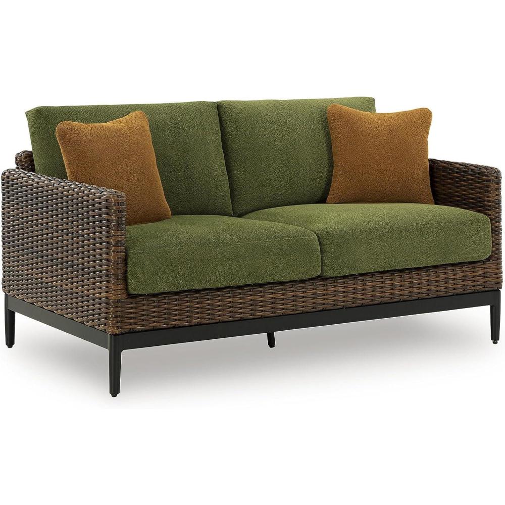 imageSignature Design by Ashley Horizon Hall Vintage Outdoor Nuvella Weather Resistant Fabric Resin Wicker Sofa with Cushion and 2 Accent Pillows Green ampamp Dark BrownOutdoor Loveseat with Cushion