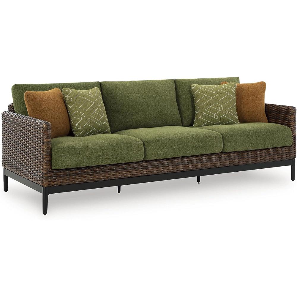 imageSignature Design by Ashley Horizon Hall Vintage Outdoor Nuvella Weather Resistant Fabric Resin Wicker Sofa with Cushion and 2 Accent Pillows Green ampamp Dark BrownOutdoor Sofa with Cushion