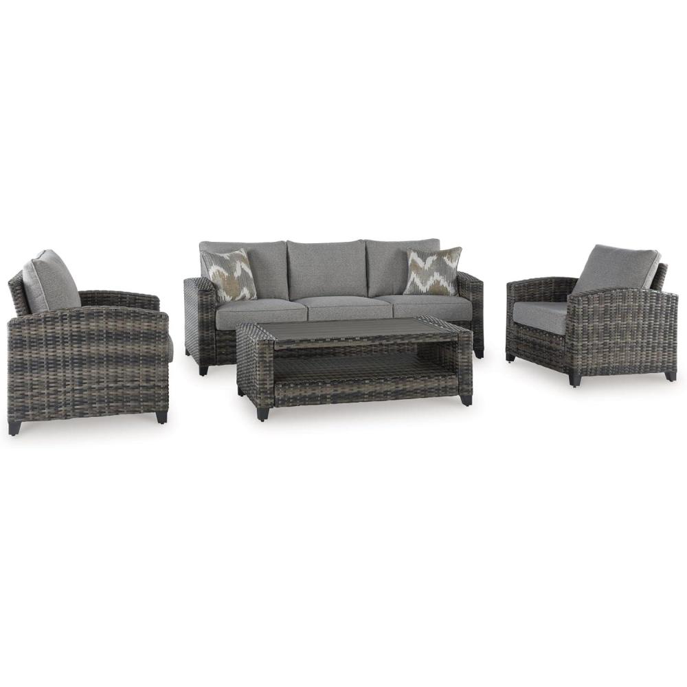 imageSignature Design by Ashley Oasis Court Casual Weather Resistant Cushioned Outdoor SofaChairsTable Set with 2 Throw Pillows Set of 4Nuvella Weather Resistant Fabric Gray