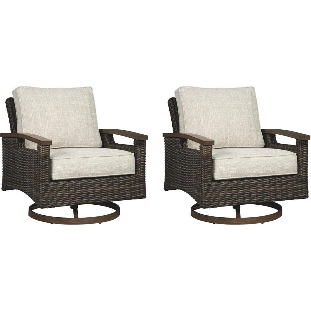 imageSignature Design by Ashley Paradise Trail Outdoor Swivel Upholstered Lounge Chair with All Weather Cushion Set of 2 Cleanable Performance Fabric BeigeSwivel Lounge Chair Set of 2