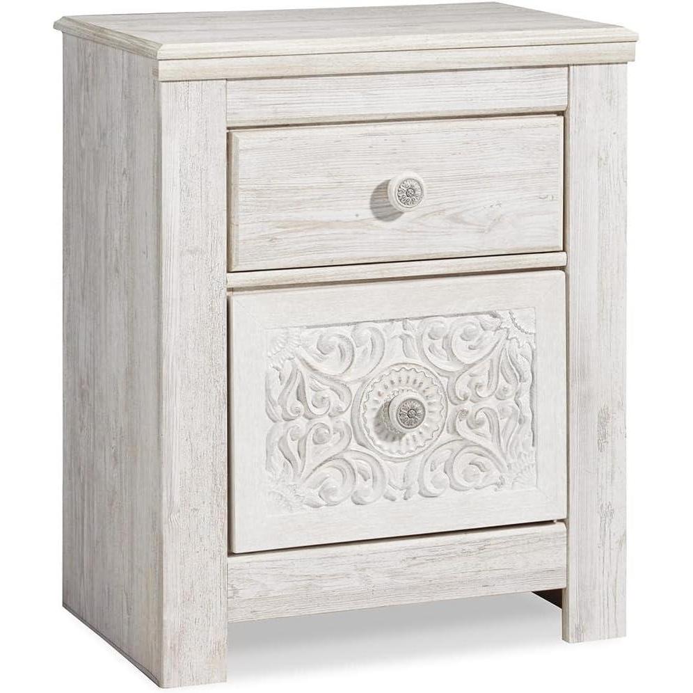 imageSignature Design by Ashley Paxberry Boho 2 Drawer Nightstand with 2 SlimProfile USB Charging Ports 2921quot Tall WhitewashWhitewash
