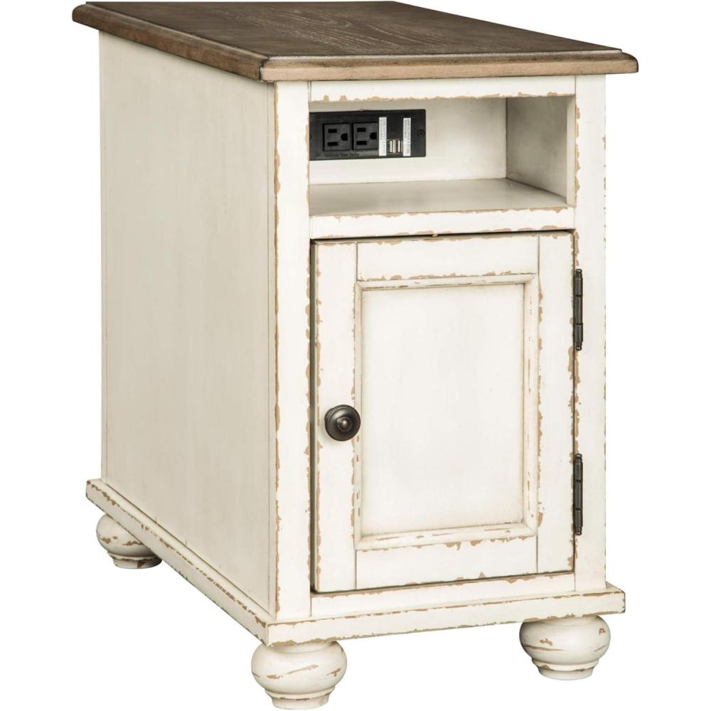 imageSignature Design by Ashley Realyn Farmhouse Chair Side End Table with Cabinet For Storage Antique White ampamp BrownDoor Front
