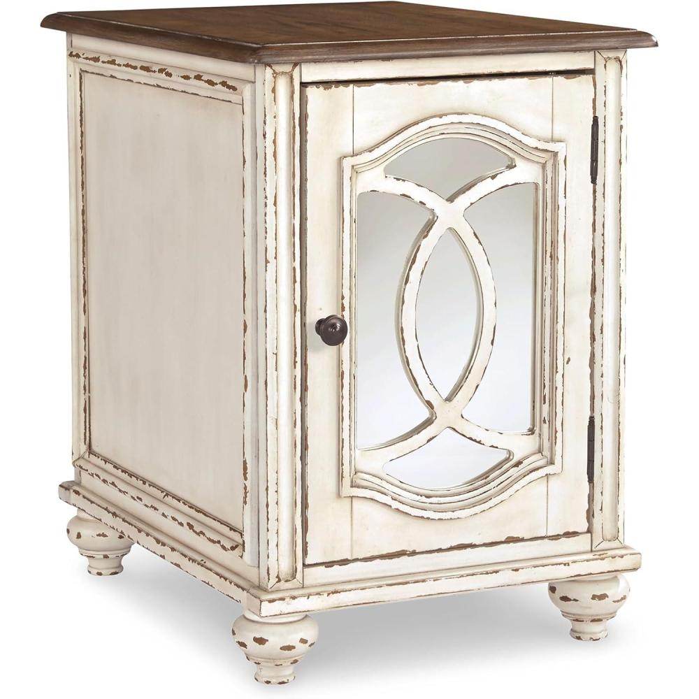 imageSignature Design by Ashley Realyn Farmhouse Chair Side End Table with Cabinet For Storage Antique White ampamp BrownMirror Front