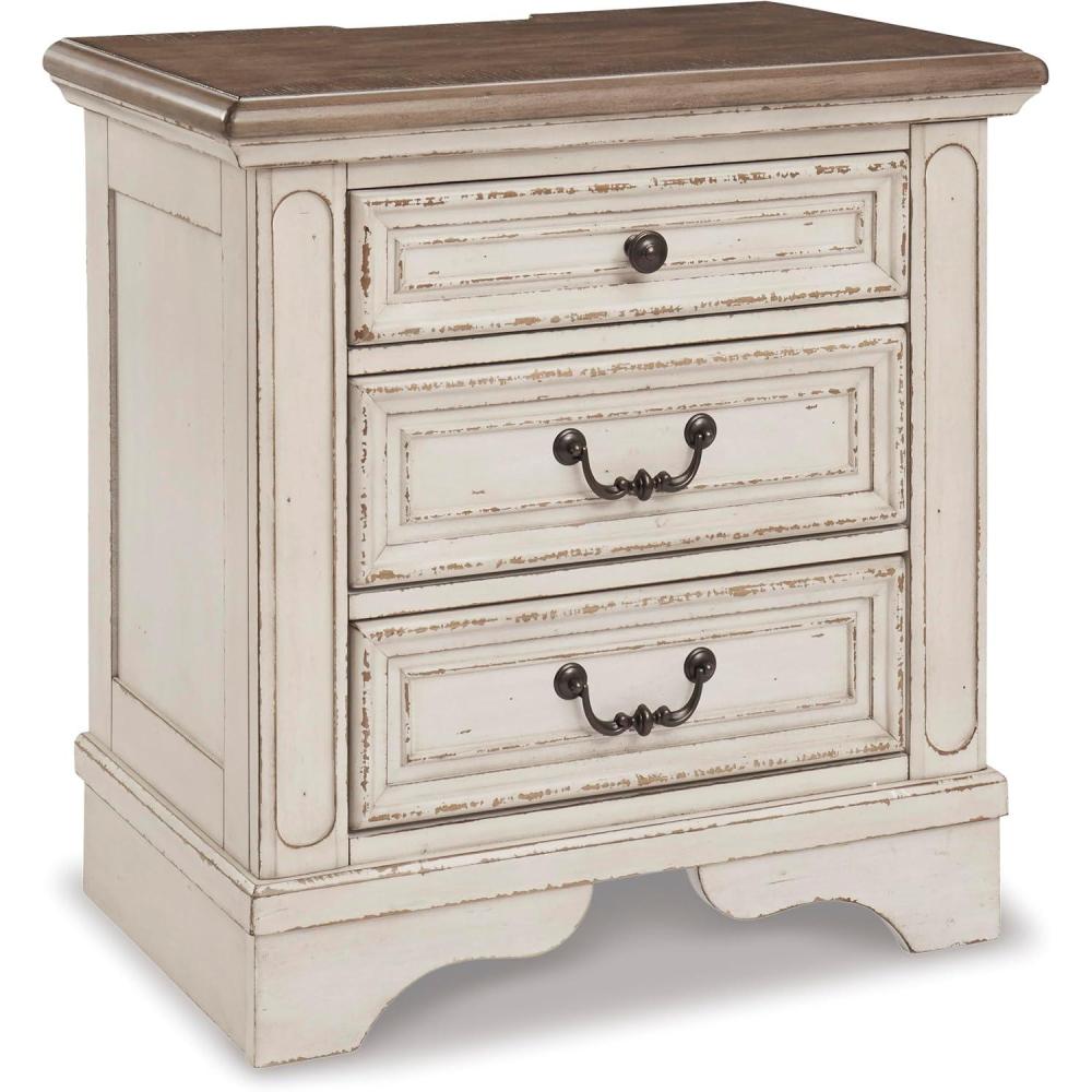 imageSignature Design by Ashley Realyn Traditional Cottage 1 Drawer Nightstand with Dovetail Construction ampamp Open Display Shelf Chipped White 27quot Tall Distressed BrownChipped White