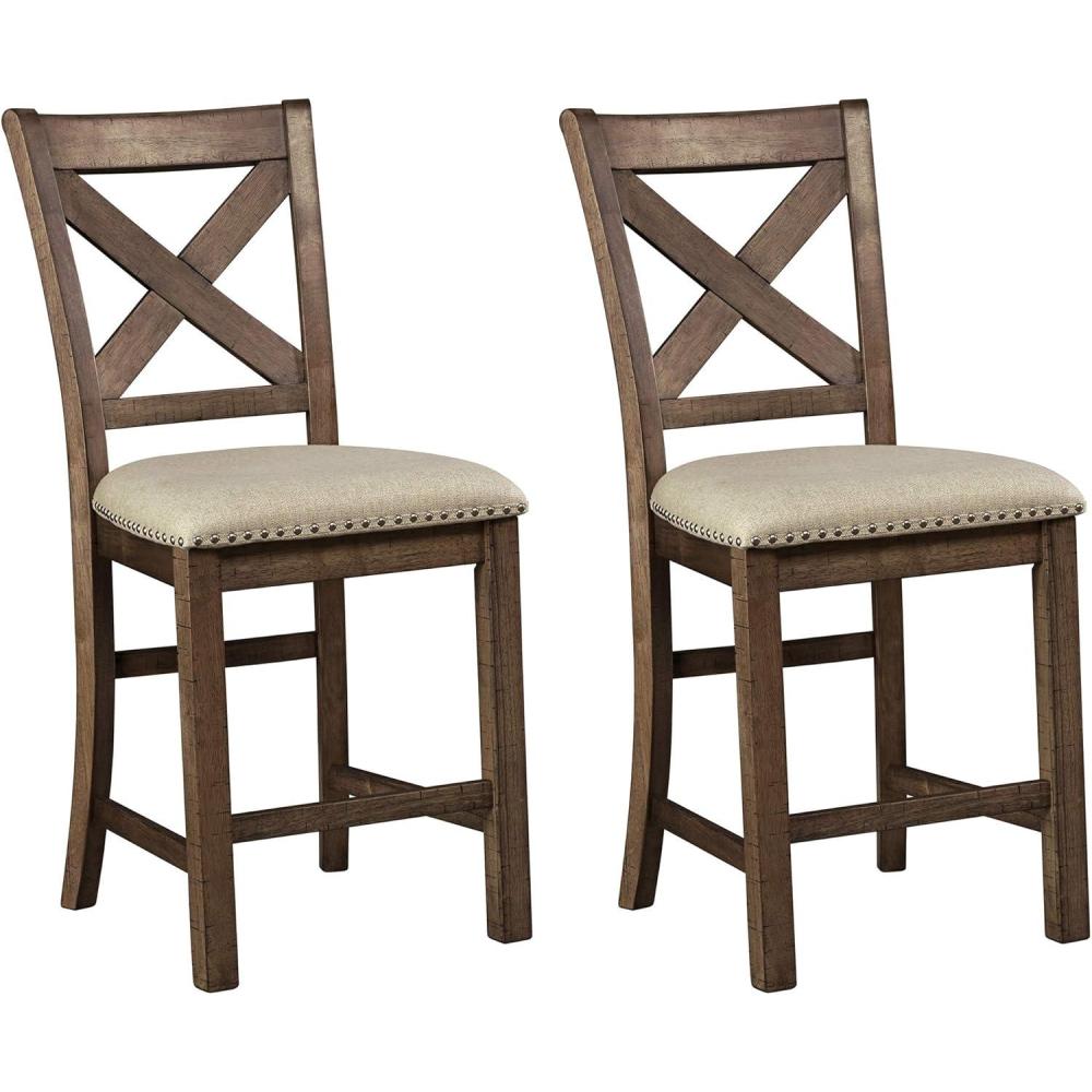 imageSignature Design by Ashley Robbinsdale Farmhouse Upholstered Barstool Set of 2 XBack Nailhead Trim Wood 2475quot H White ampamp Light GrayBrown